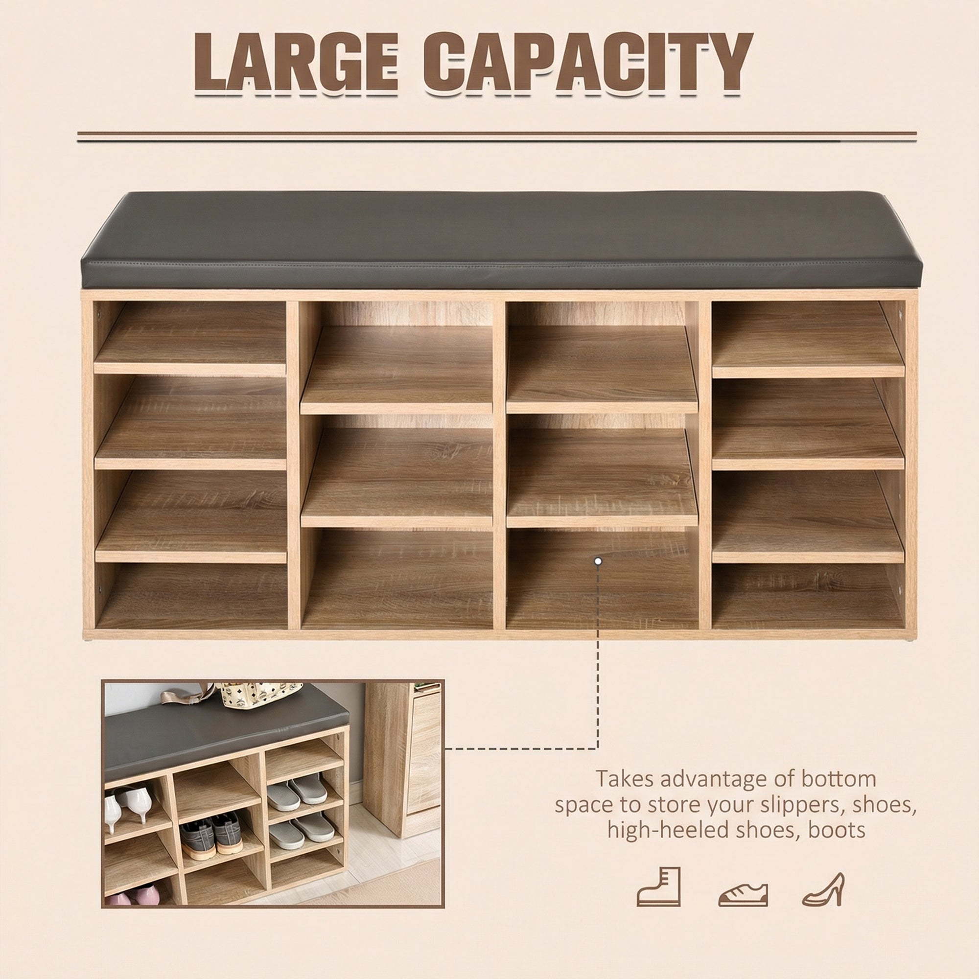 HOMCOM Multi-Storage Shoe Rack w/ 14 Compartments Cushion Moving Shelves Solid Frame Foot Pads Home Office Tidy Organisation Boots Trainers Brown