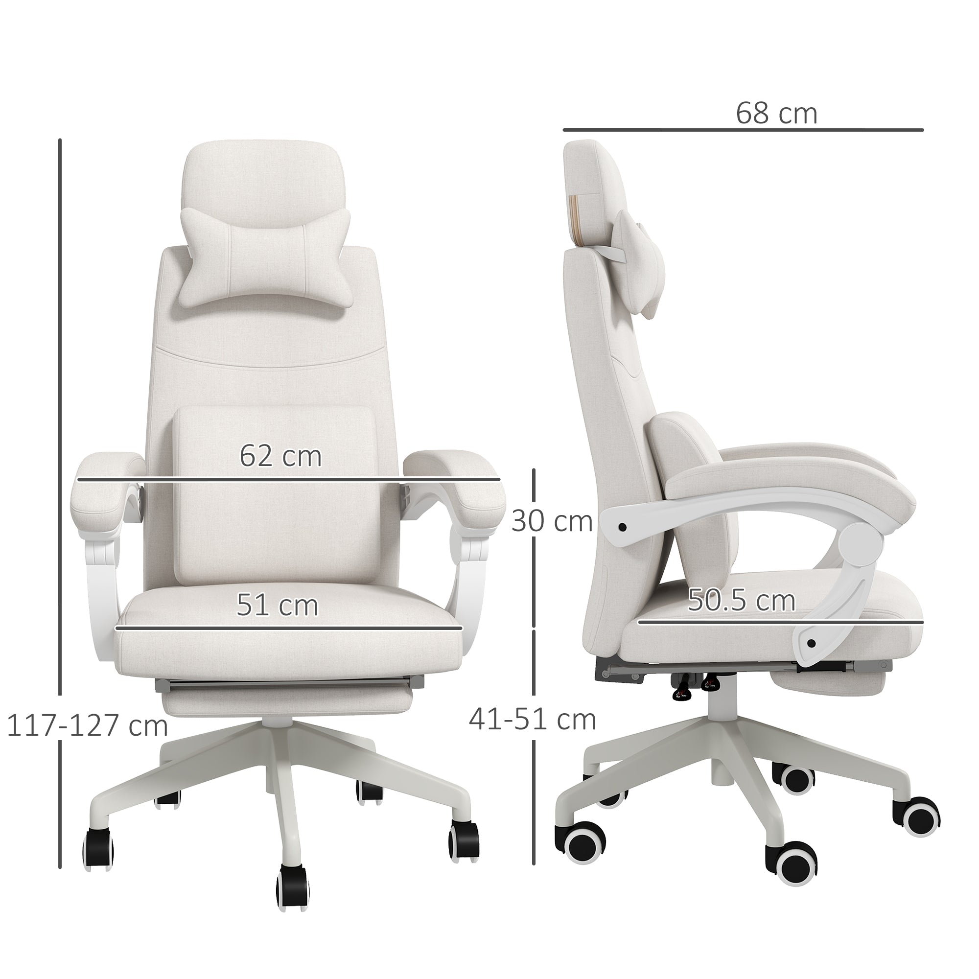 Vinsetto Linen-Look Office Chair, with 160° Reclining Back and Footrest - White - North Peak Garden Furniture