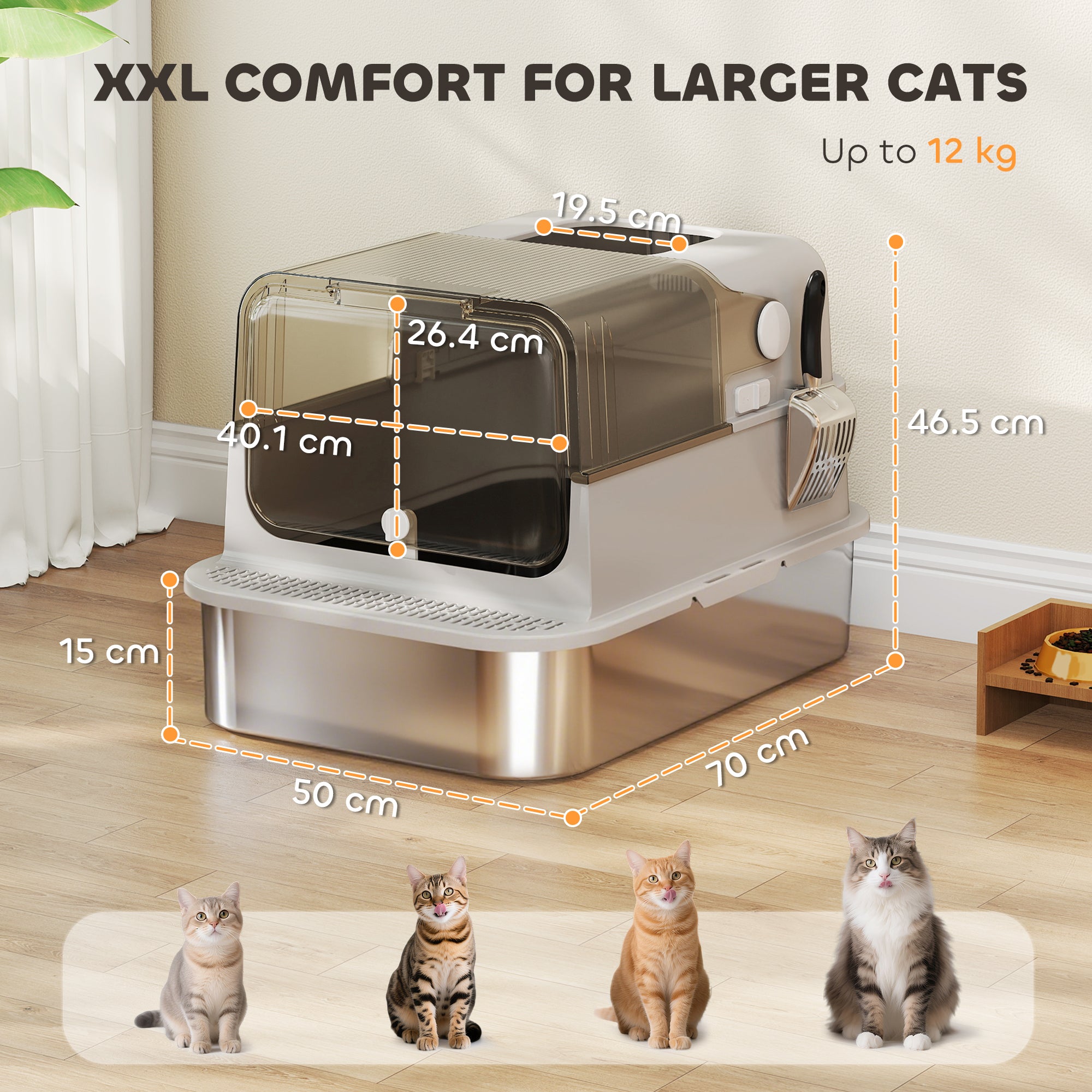 PawHut XXL Stainless Steel Cat Litter Tray, Enclosed Cat Litter Box with 90° Flip Cover, Double Doors, Scoop, Easy Clean, Grey