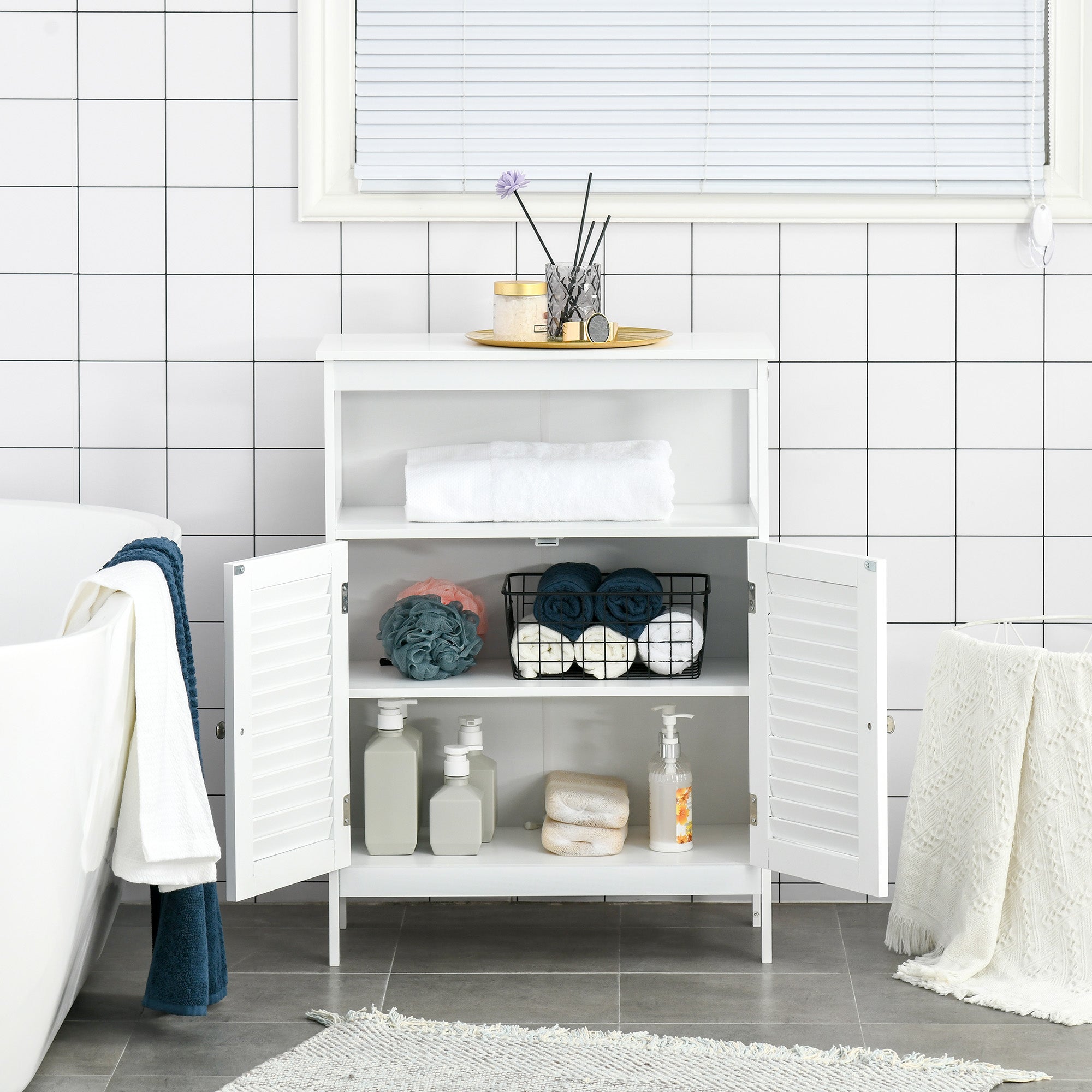 kleankin Bathroom Storage Unit Cabinet with Open Storage Shelf, Freestanding Floor Cabinet Organizer with 2 Doors for Living Room Kitchen Entryway, White - North Peak Garden Furniture