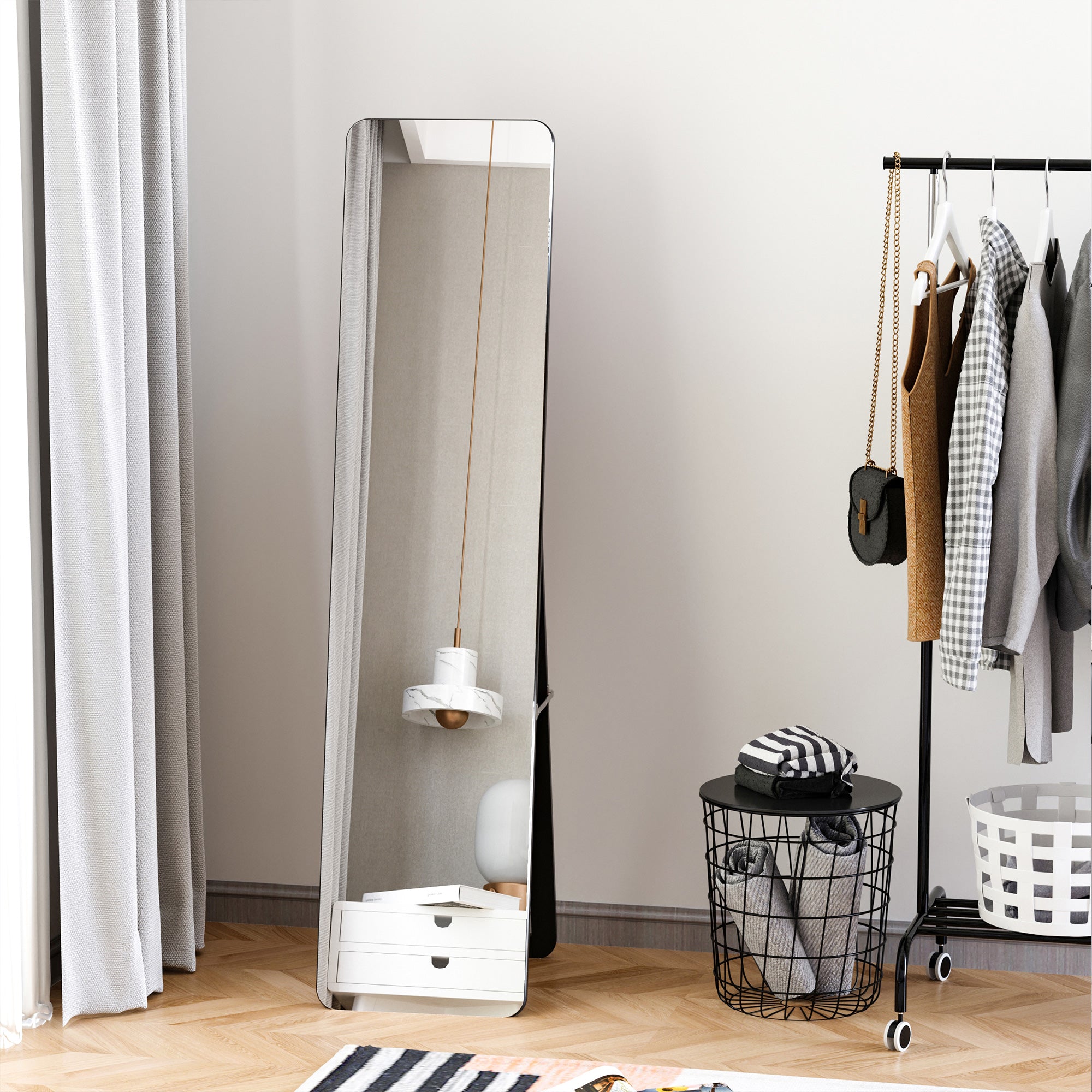HOMCOM Full Length Mirror, Free Standing or Wall Hanging, Tall Full Body Mirror for Bedroom, Hallway, Black - North Peak Garden Furniture