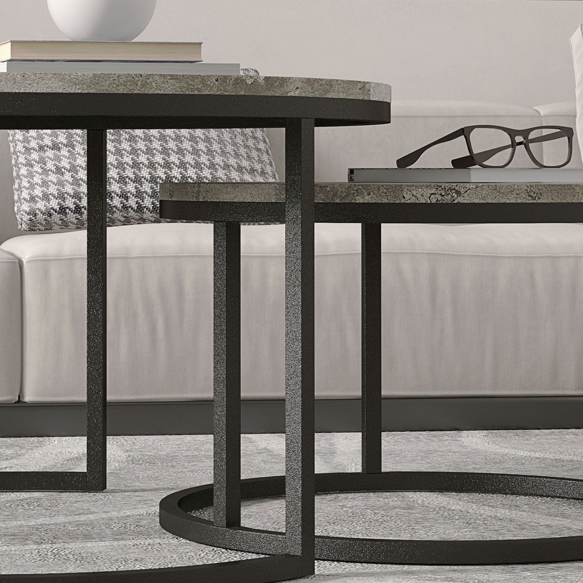 HOMCOM Set of Two Marble-Effect Stacking Tables - Grey/Black