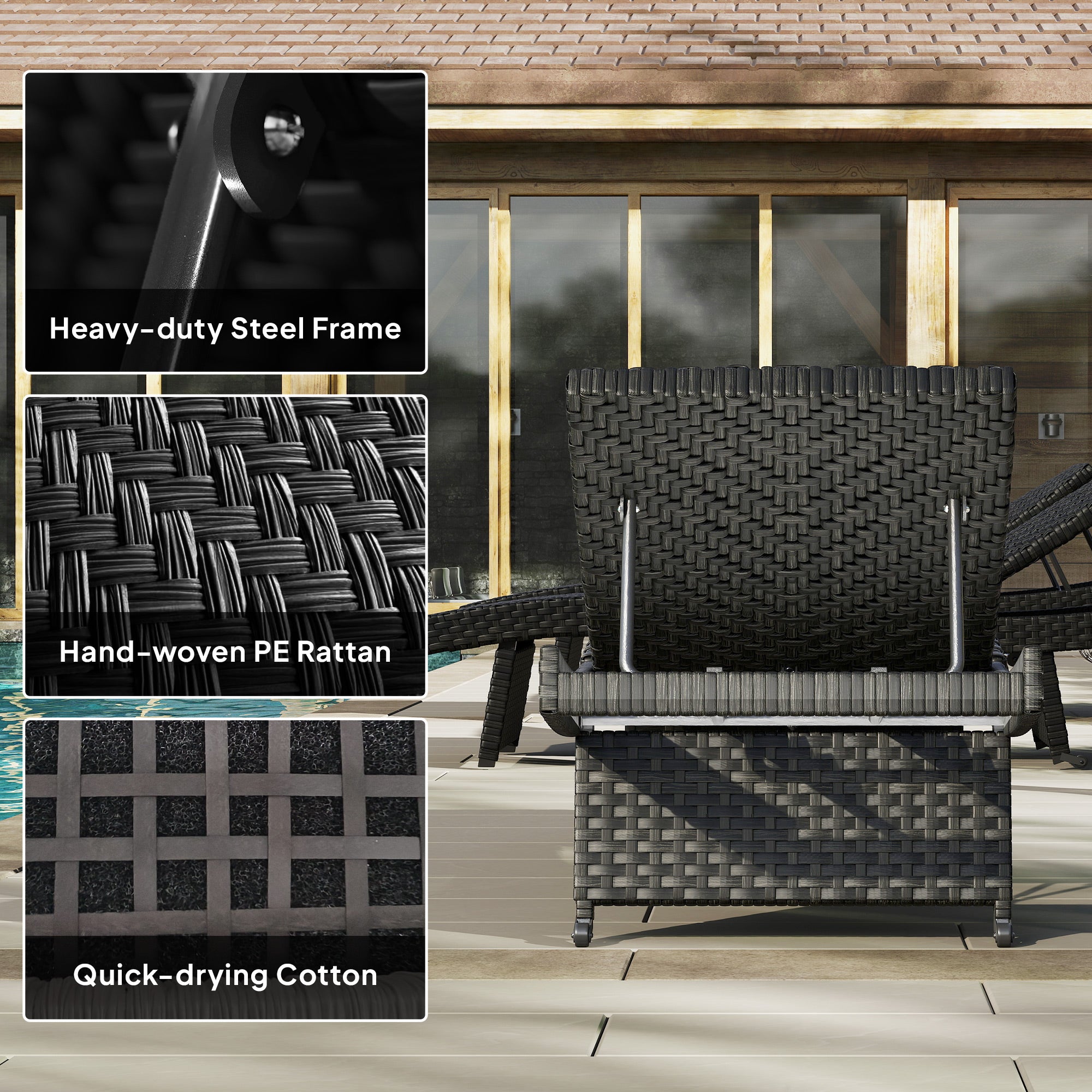 Outsunny Outdoor PE Rattan Sun Lounger, Folding Wicker Garden Lounger Recliner with 4-Level Adjustable Backrest, Rolling Sunbed Lounge Chair with Wheels, Non-Slip Legs for Balcony, Beach, Black - North Peak Garden Furniture