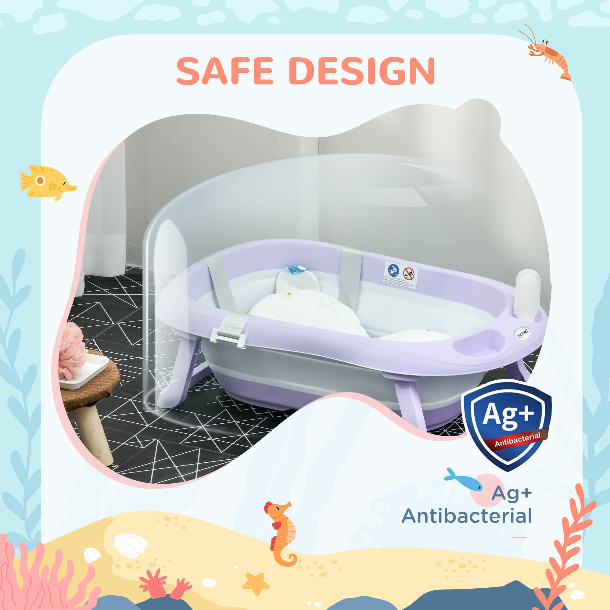 ZONEKIZ Foldable Baby Bathtub, with Non-Slip Support Legs, Cushion Pad, Shower Holder - Purple - North Peak Garden Furniture