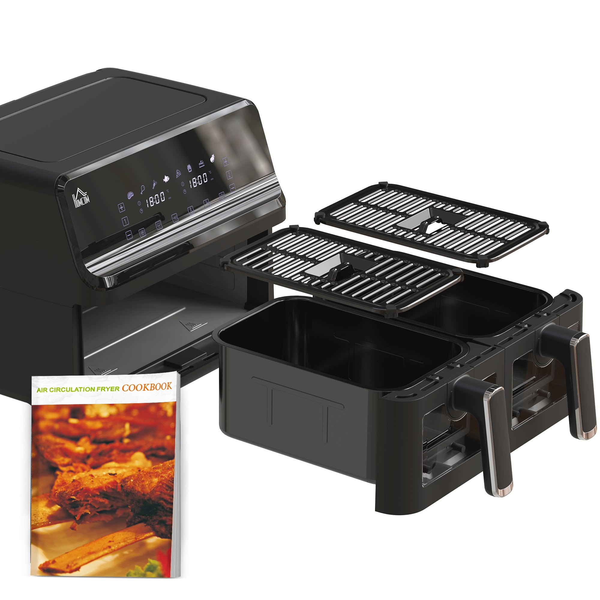 HOMCOM 8L Dual Basket Air Fryer, 8-in-1 Air Fryer Oven with Digital Display, Visible, Timer, Preheat for Oil Free Low Fat Cooking, 2500W, Sync Finish, Sliver - North Peak Garden Furniture