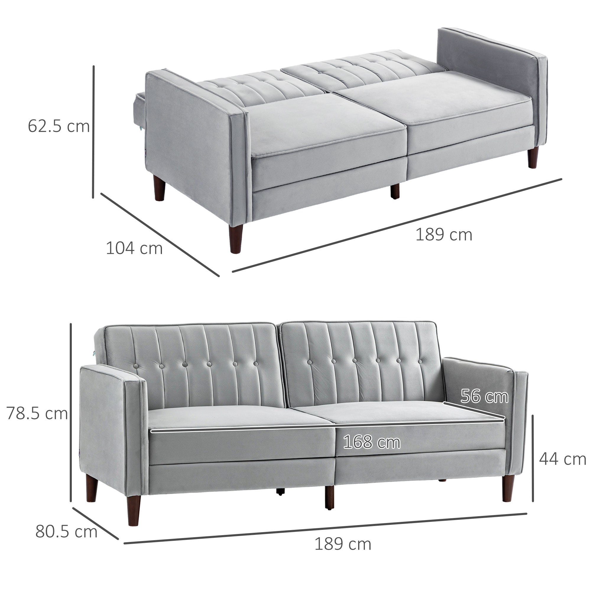 HOMCOM Modern Convertible Sofa Futon Velvet-Touch Tufted Couch Compact Loveseat with Adjustable Split Back, Light Grey - North Peak Garden Furniture