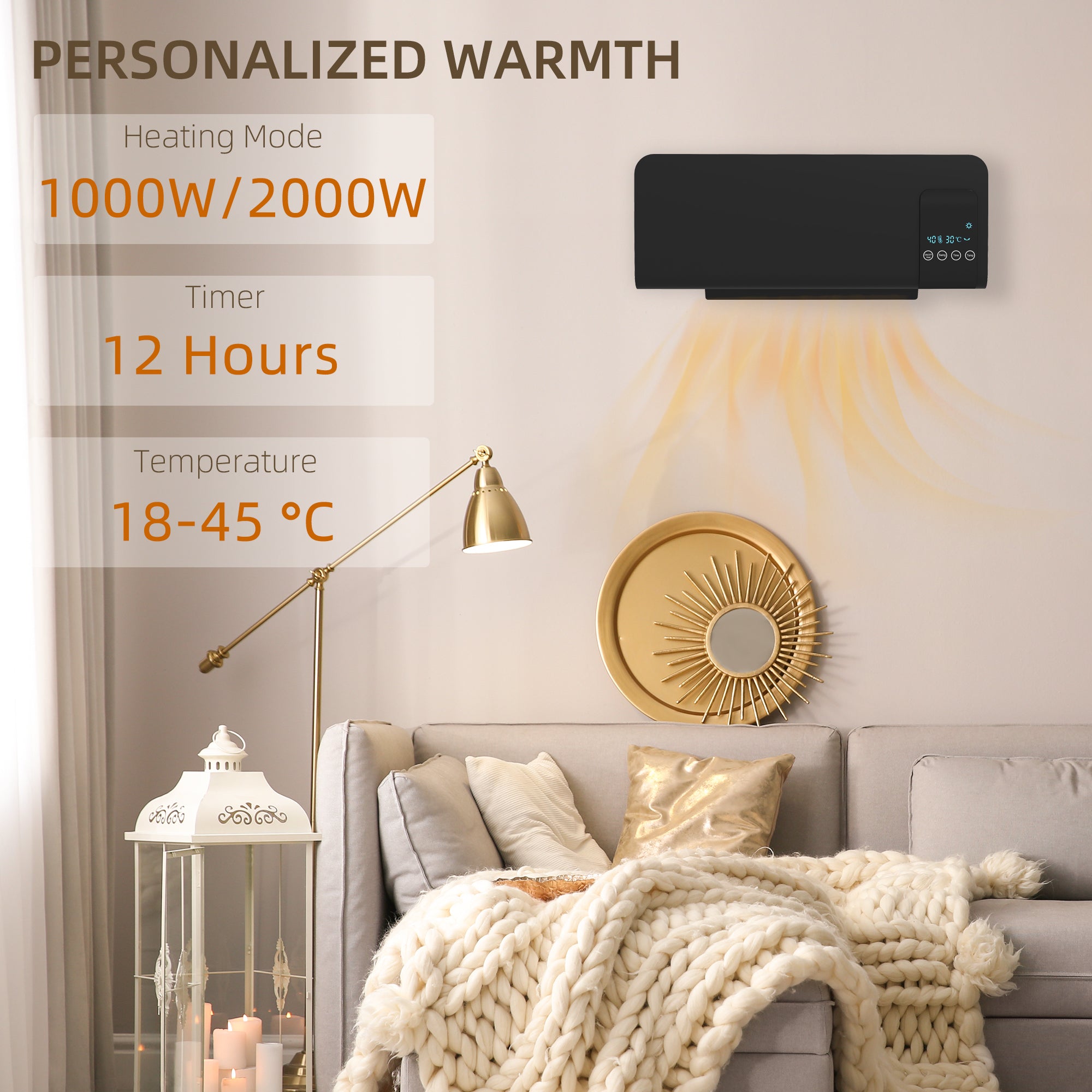 HOMCOM 2000W Wall Mounted Heater, 18-45°C Temperature, Black