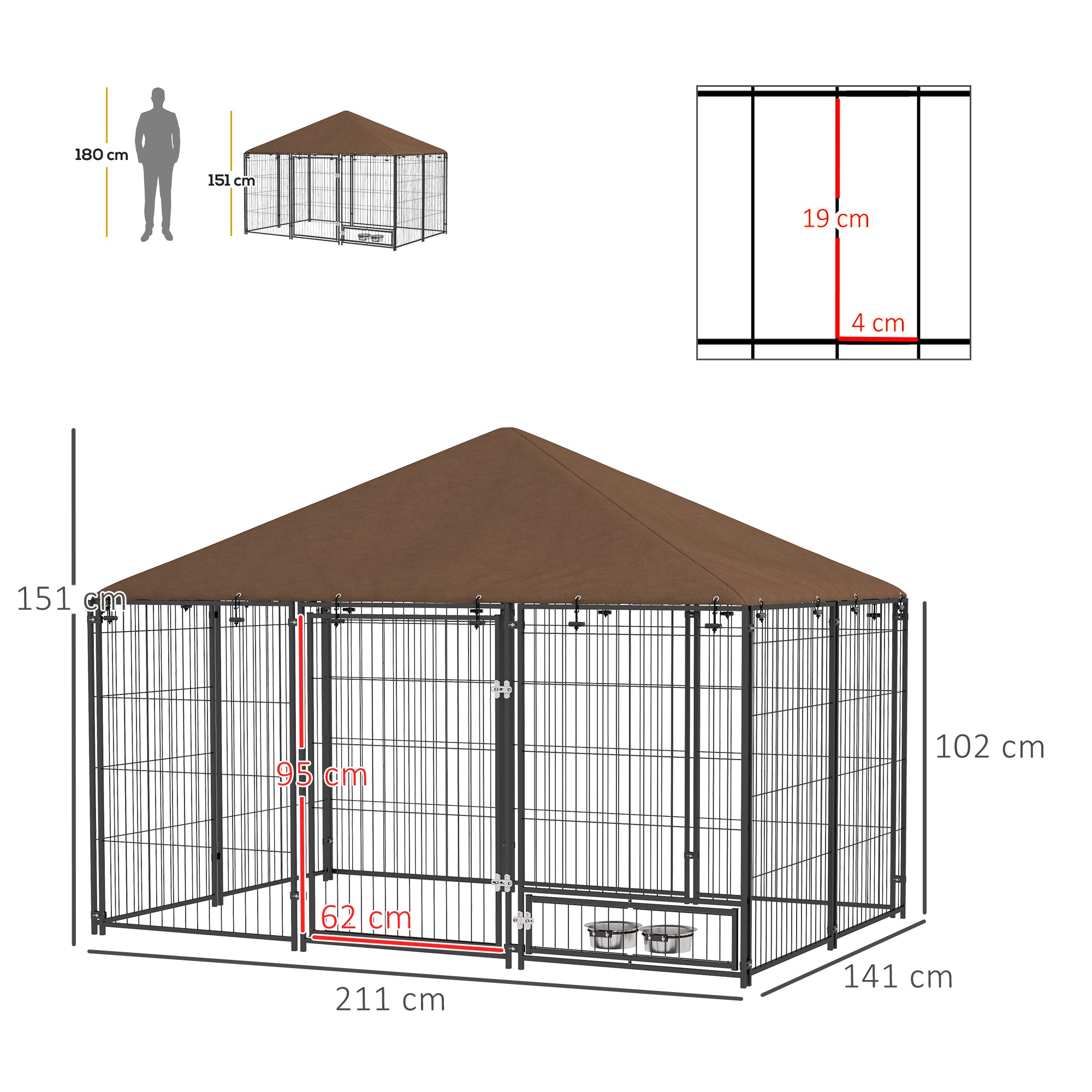 PawHut Outdoor Dog Kennel Puppy Play Pen with Canopy Garden Playpen Fence Crate Enclosure Cage Rotating Bowl 211 x 141 x 151 cm - North Peak Garden Furniture