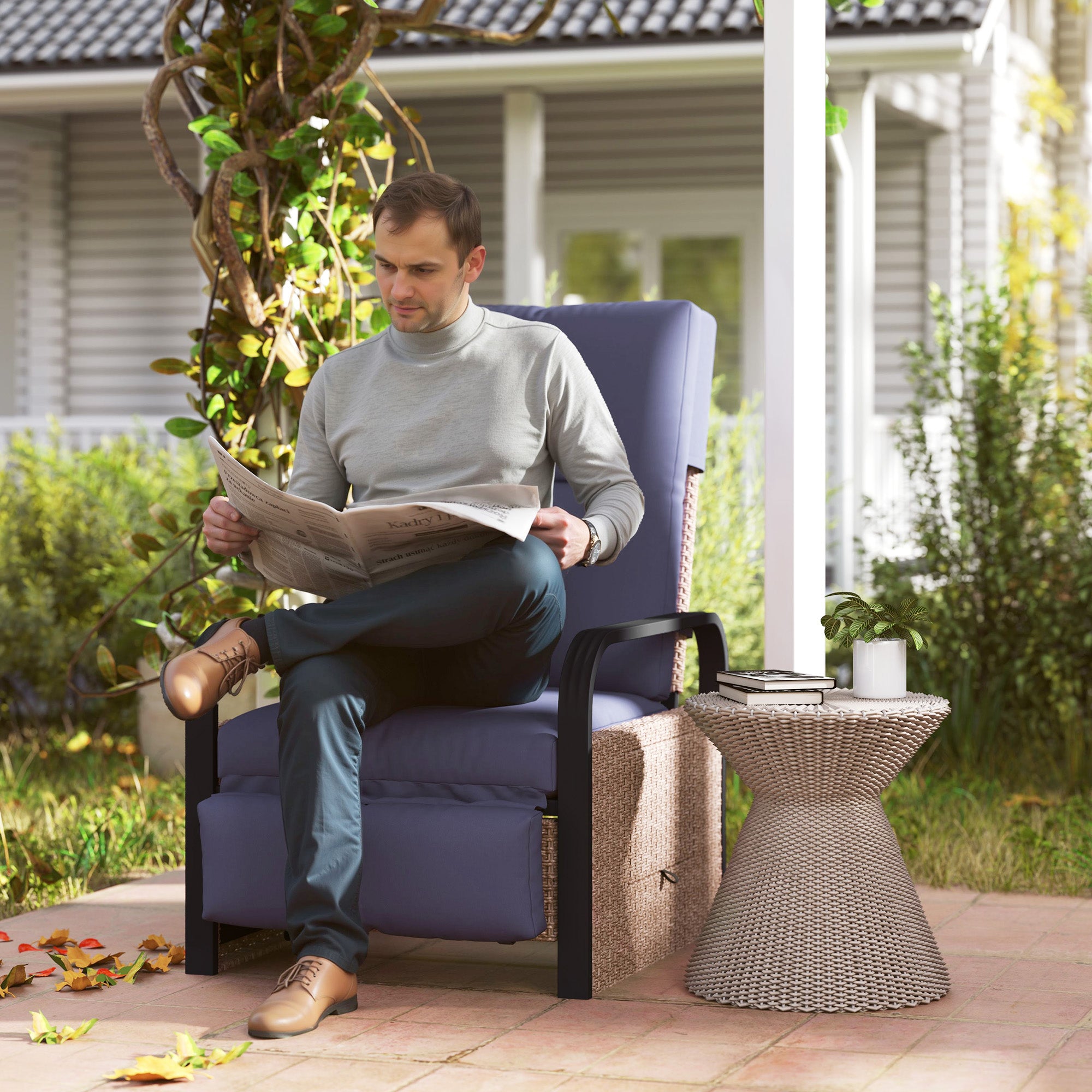 Outsunny 140° Reclining Rattan Armchair - Brown/Blue - North Peak Garden Furniture