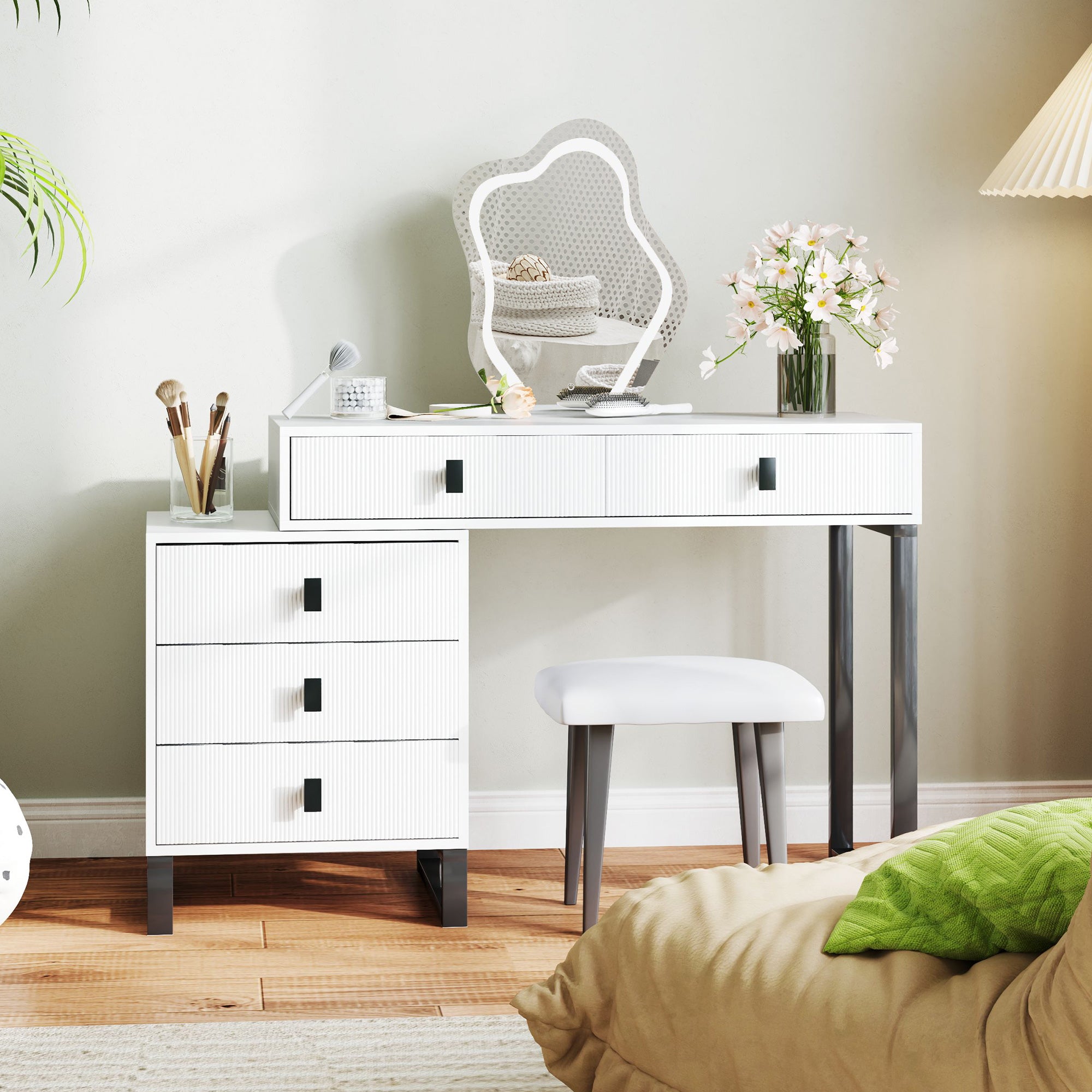HOMCOM LED Lighted Dressing Table with Leaf Shape Mirror, Modern Vanity Desk with 5 Drawers, Makeup Desk with Fluted Panels, White - North Peak Garden Furniture
