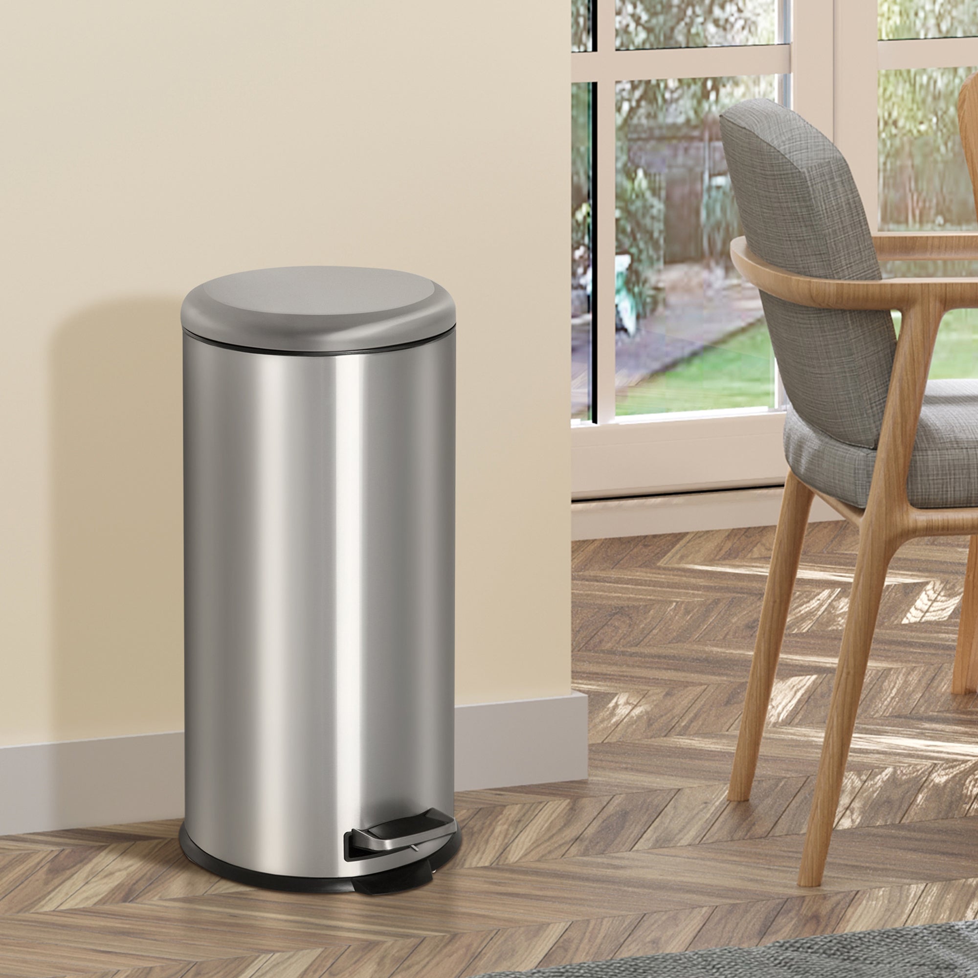 HOMCOM Foot Pedal Bin Stainless Steel Metal Waste Rubbish Lid Kitchen Garbage 30L Silver - North Peak Garden Furniture