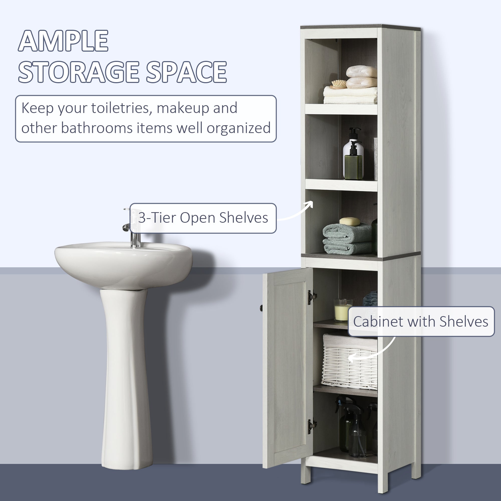 kleankin Tall Bathroom Storage Cabinet, Freestanding Tower Cabinet with 3 Open Shelves and Adjustable Shelf, Antique White - North Peak Garden Furniture