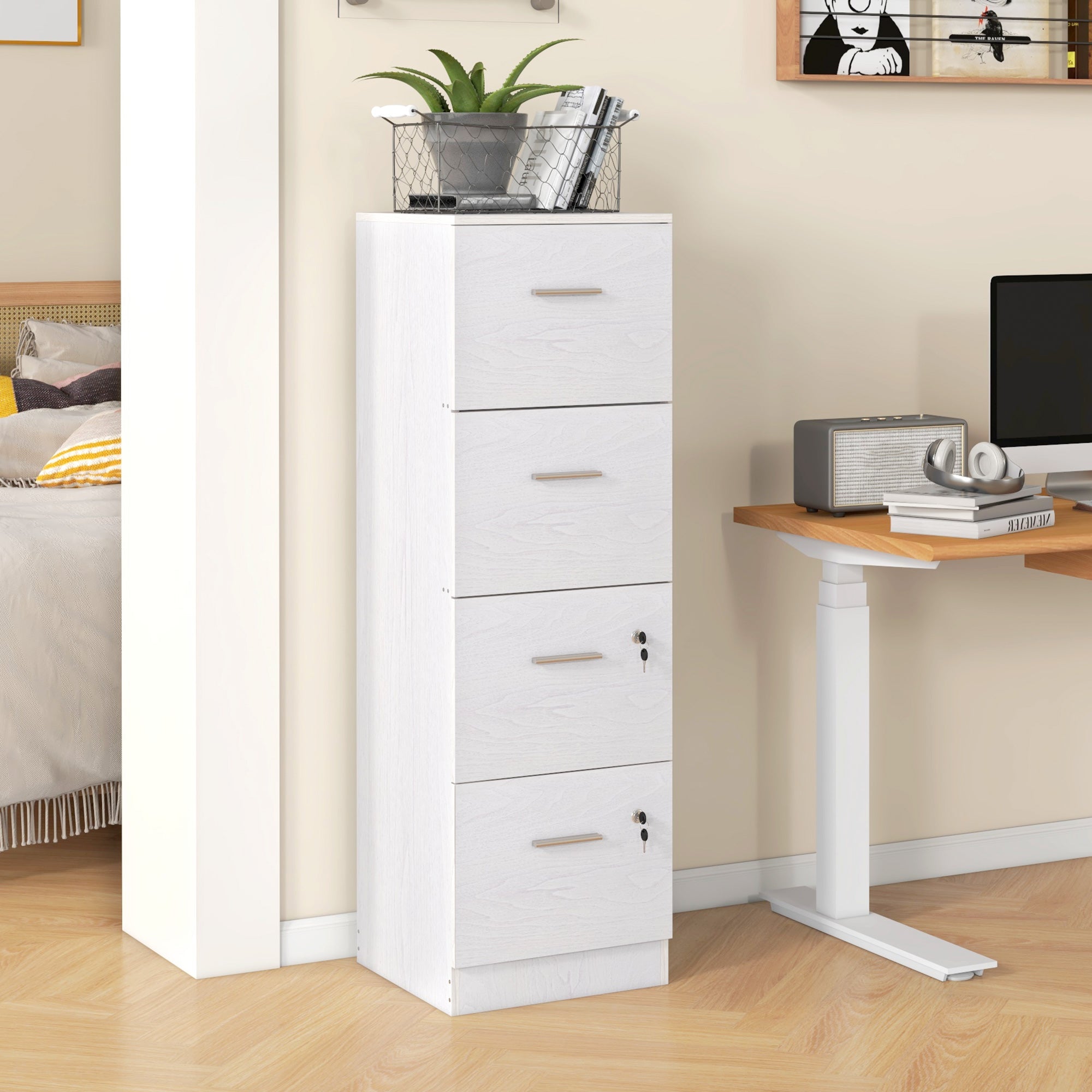 HOMCOM Four-Drawer Lockable Filing Cabinet - White Wood Effect - North Peak Garden Furniture