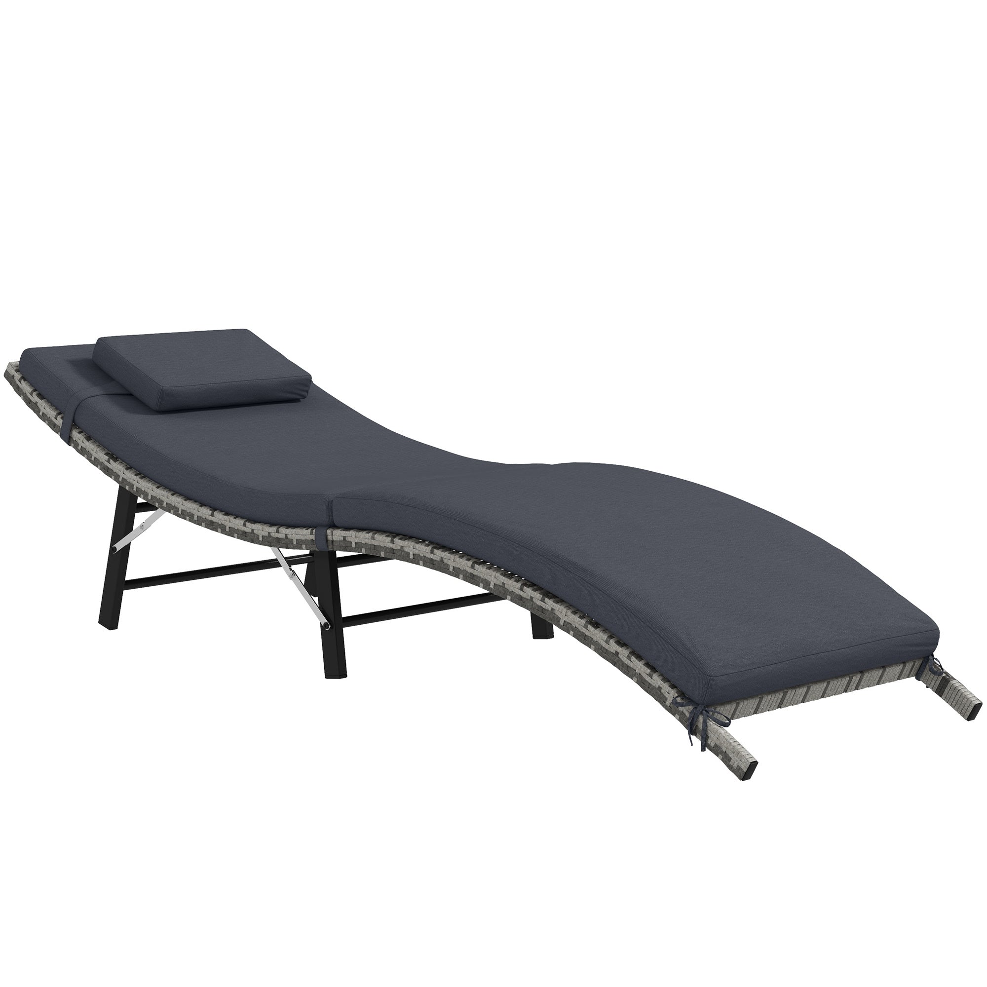 Outsunny Rattan Folding Sun Lounger Outdoor Chair with Cushion and Pillow Grey - North Peak Garden Furniture