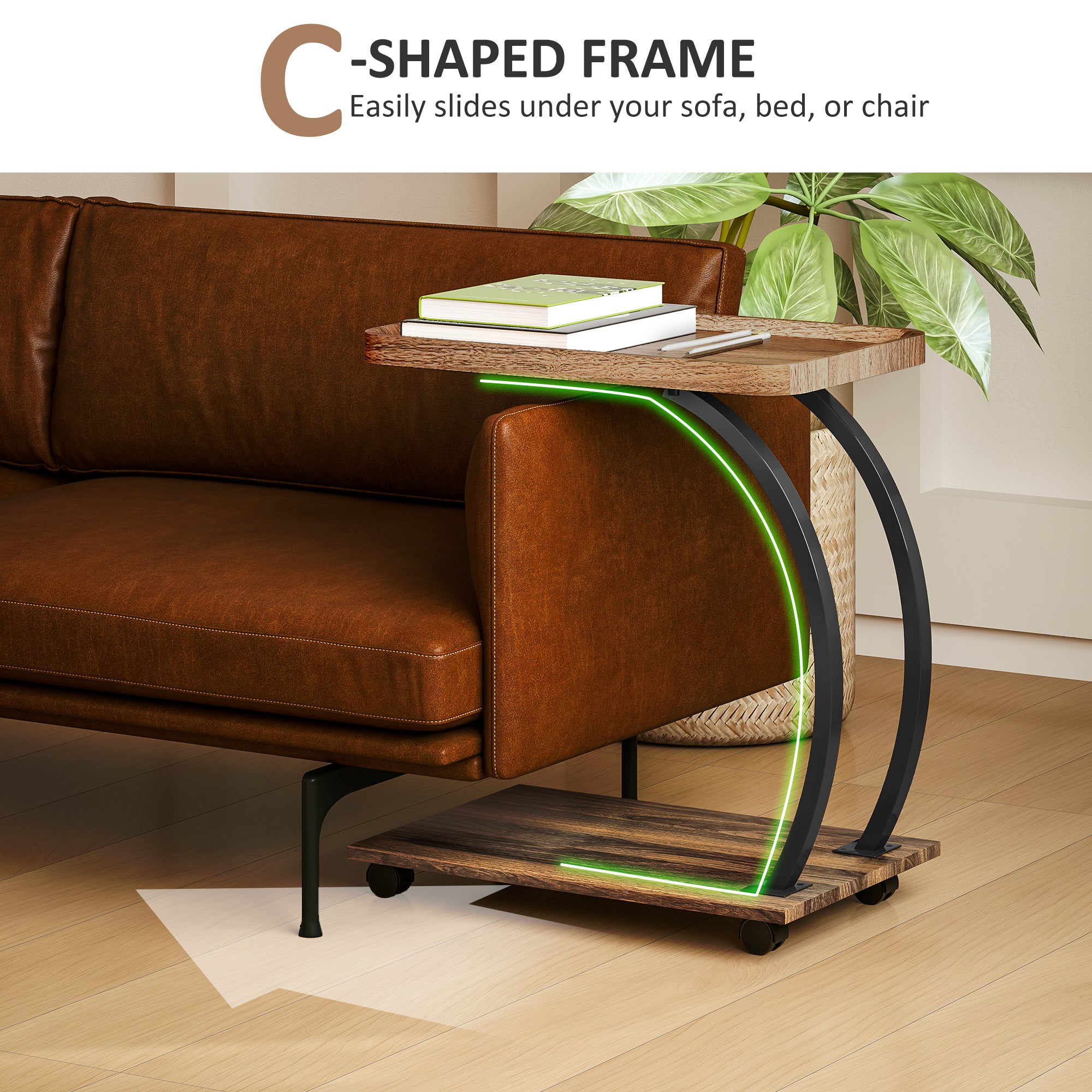 HOMCOM 2-Tier Mobile C-Shaped Side Table - Brown - North Peak Garden Furniture