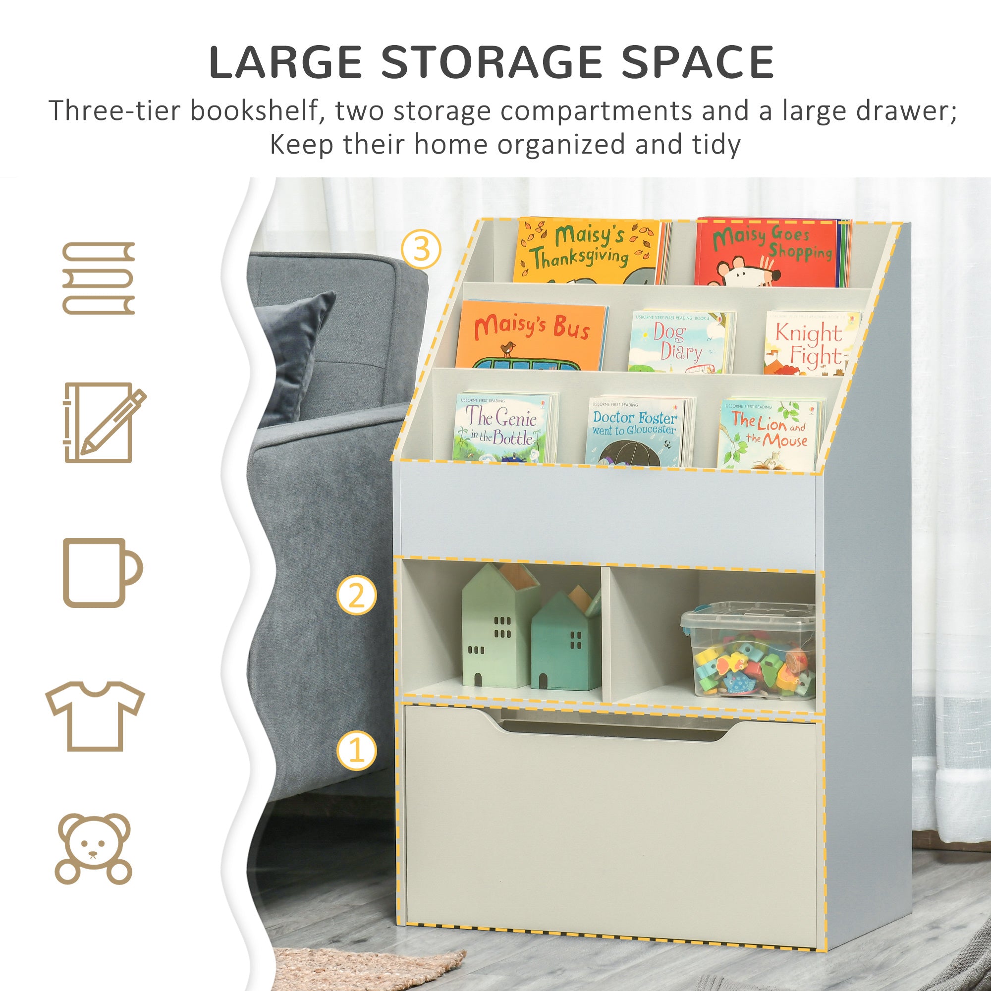 HOMCOM Kids Bookshelf, Toy Organiser, with Storage Drawer, Wheels - Grey - North Peak Garden Furniture