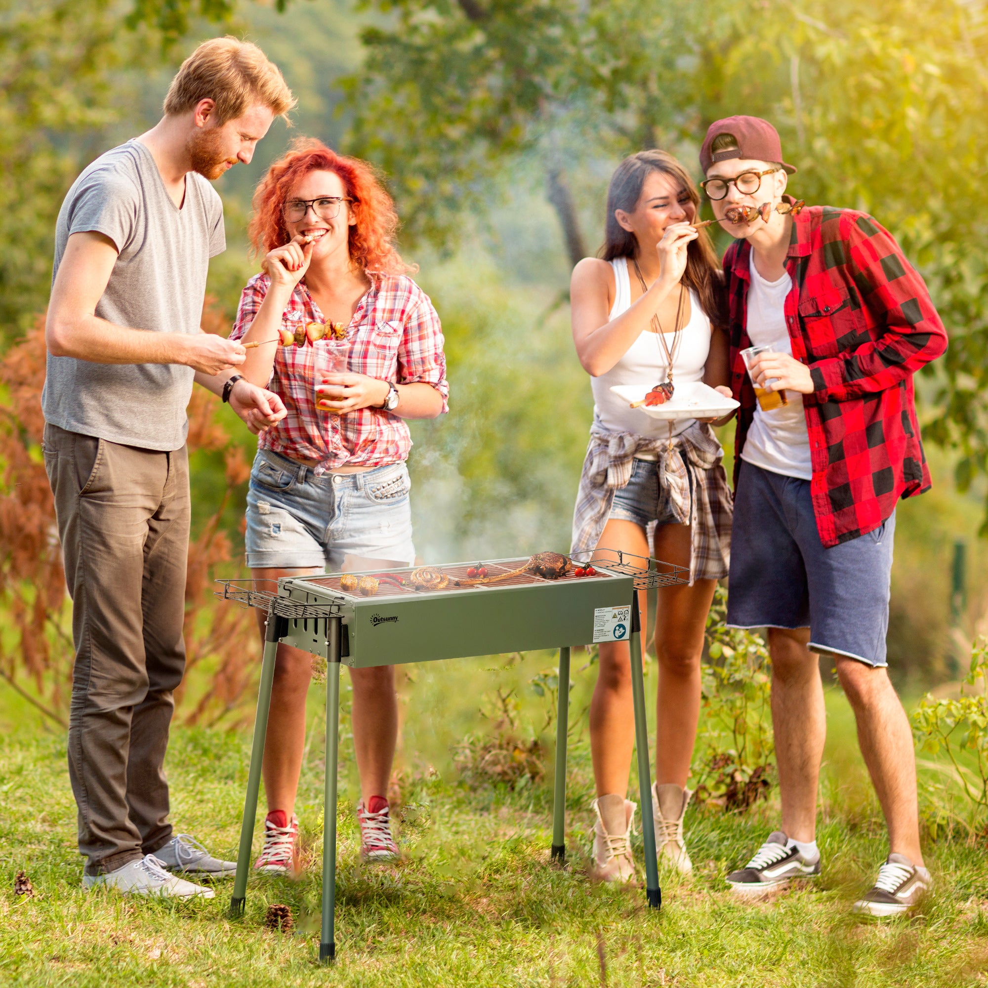 Outsunny Portable Charcoal Barbecue BBQ Grill with Seasoning Baskets and Hooks, Compact Stainless Steel Cooker for Camping Picnic Hiking Garden Party Festival - North Peak Garden Furniture
