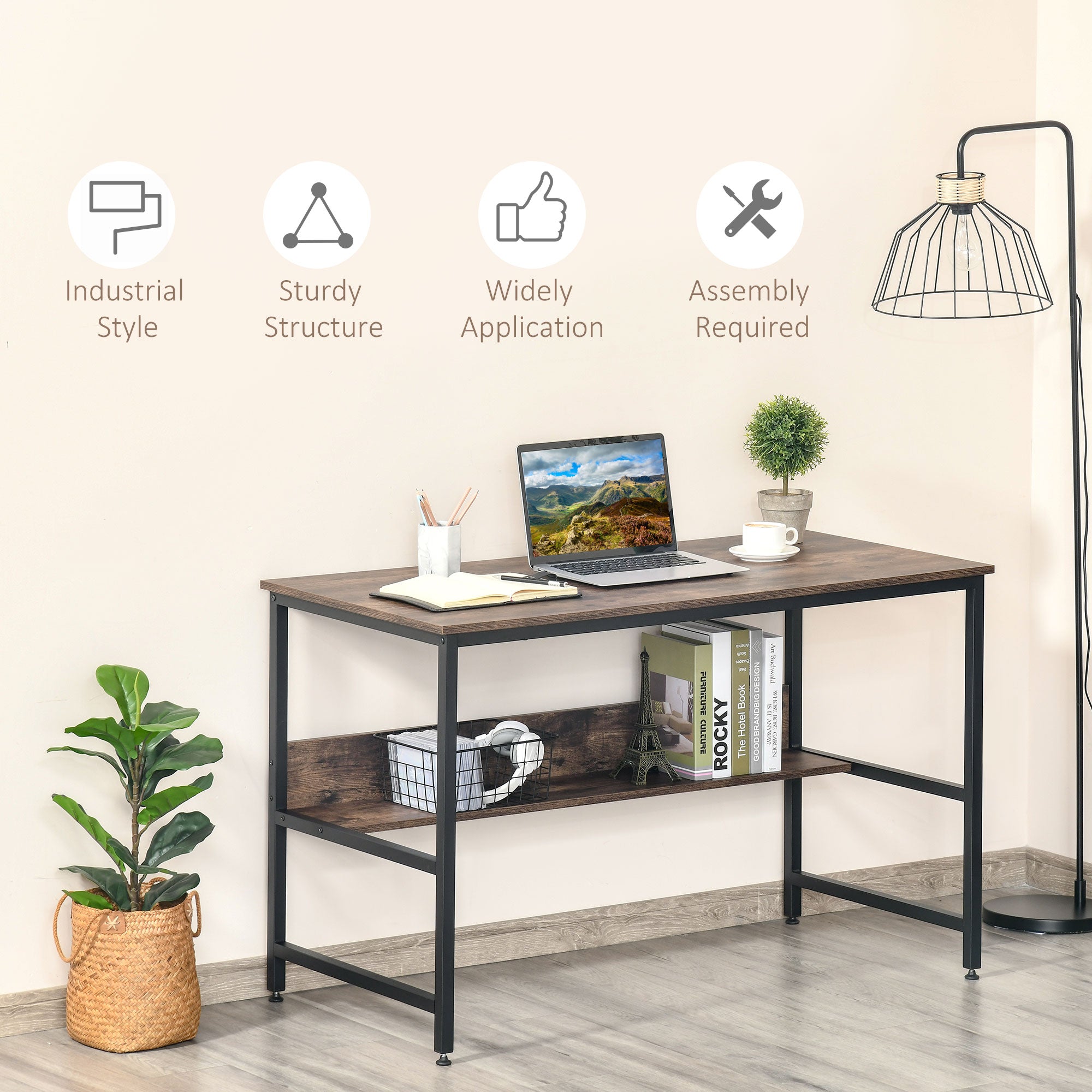 HOMCOM Computer Desk with Storage Shelf, 120 x 60cm Home Office Desk with Metal Frame, Study Table, Easy Assembly, Rustic Brown - North Peak Garden Furniture