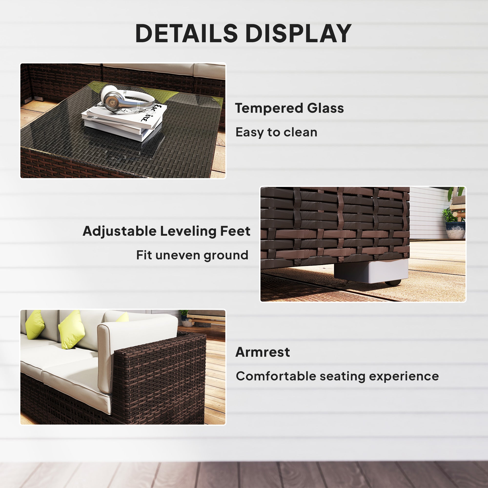Outsunny 8 Pieces PE Rattan Corner Sofa Set with Thick Cushions, Aluminium Outdoor Rattan Garden Furniture Set with Glass Top Table, No Assembly Required, Mixed Brown