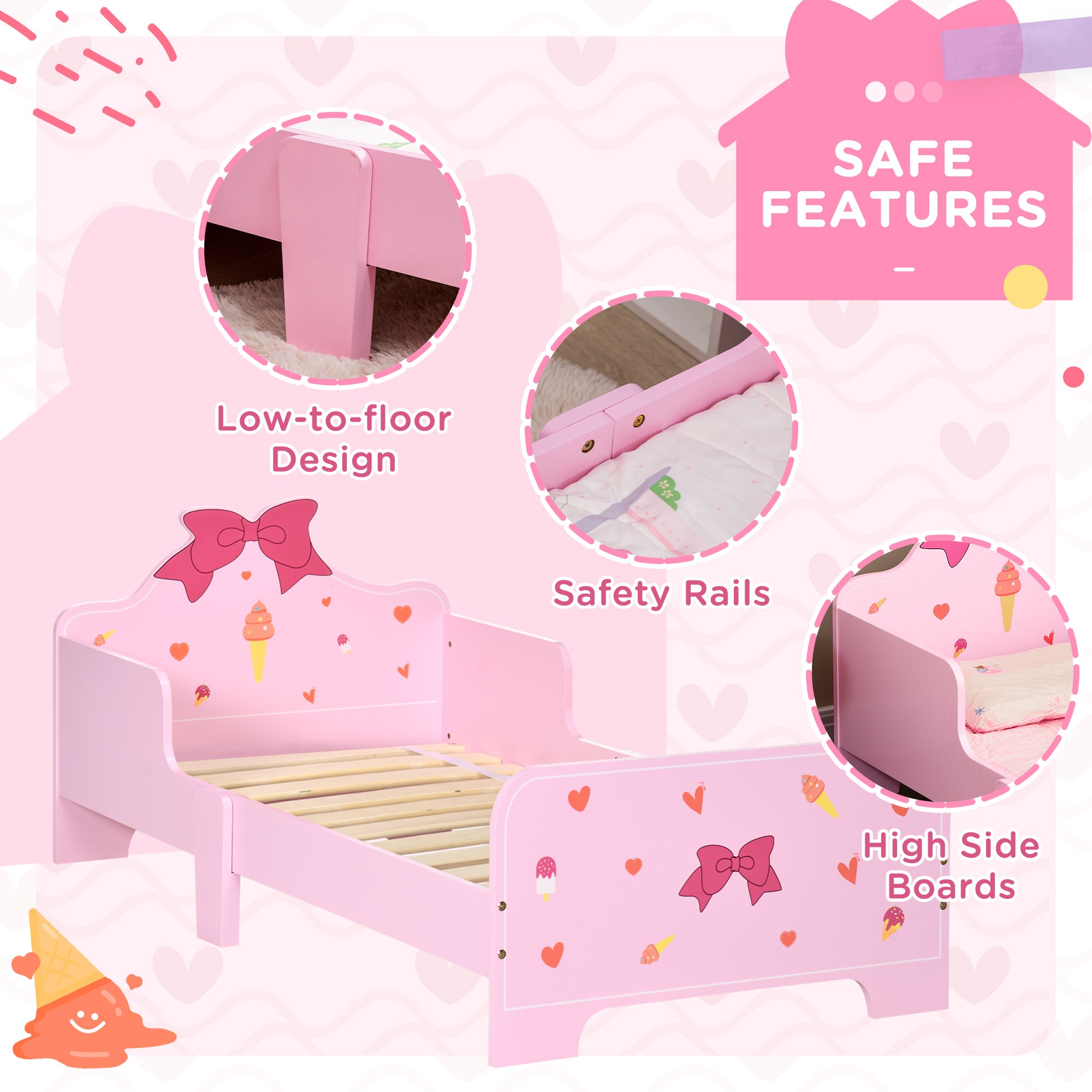 ZONEKIZ Princess-Themed Kids Toddler Bed w/ Cute Patterns, Safety Rails, for Ages 3-6 Years - Pink - North Peak Garden Furniture