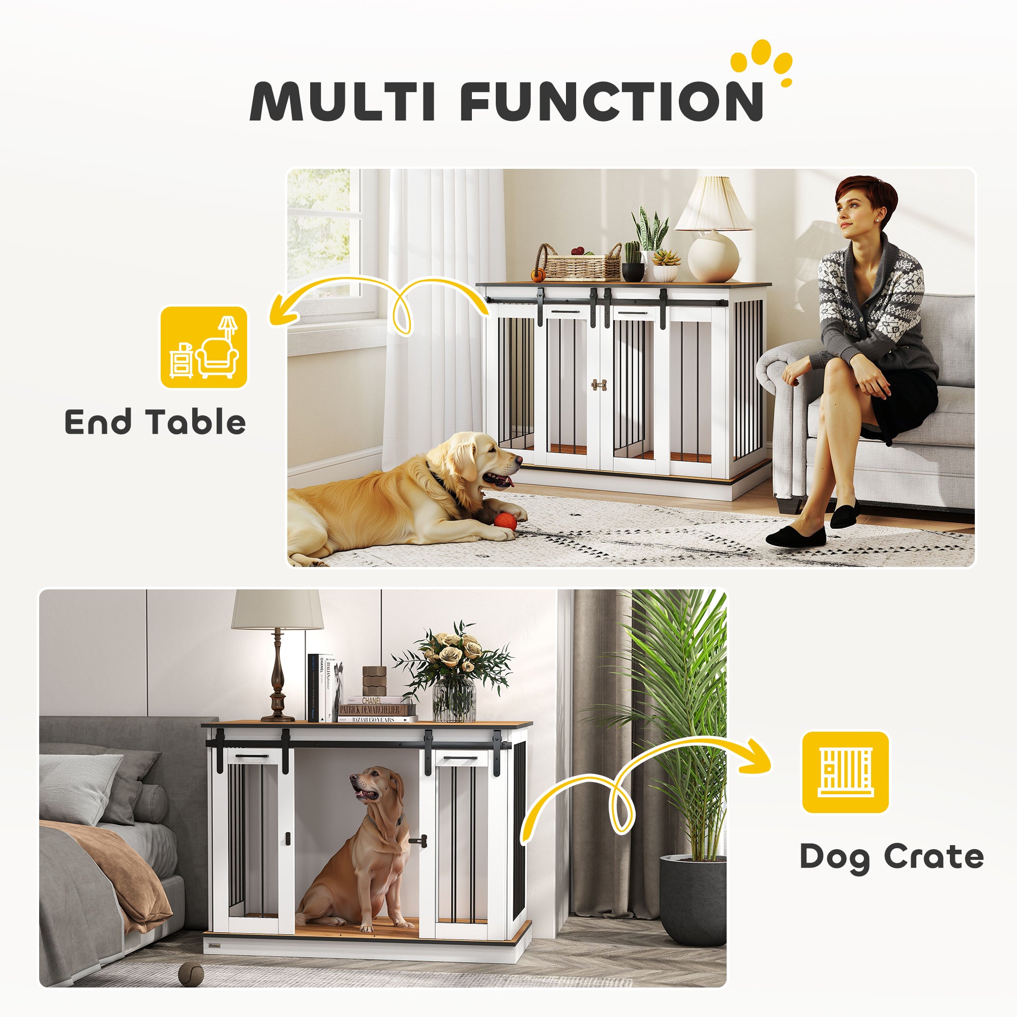 PawHut Dog Crate Furniture for Large Dogs, Double Dog Cage for Small Dogs