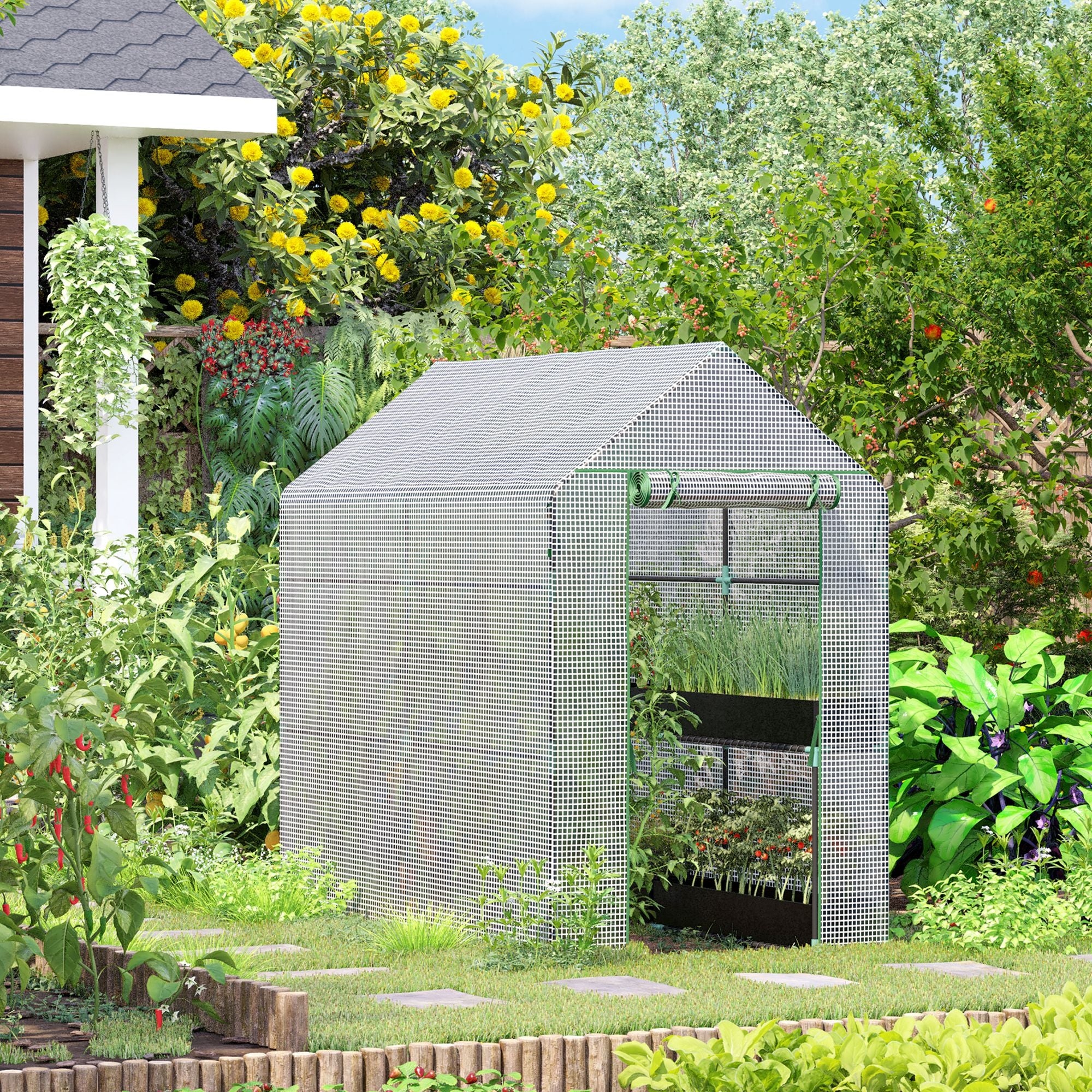 Outsunny Walk in Garden Greenhouse with 2-Tier Shelves Polytunnel Steeple Grow House 6 x 4 x 6ft White - North Peak Garden Furniture