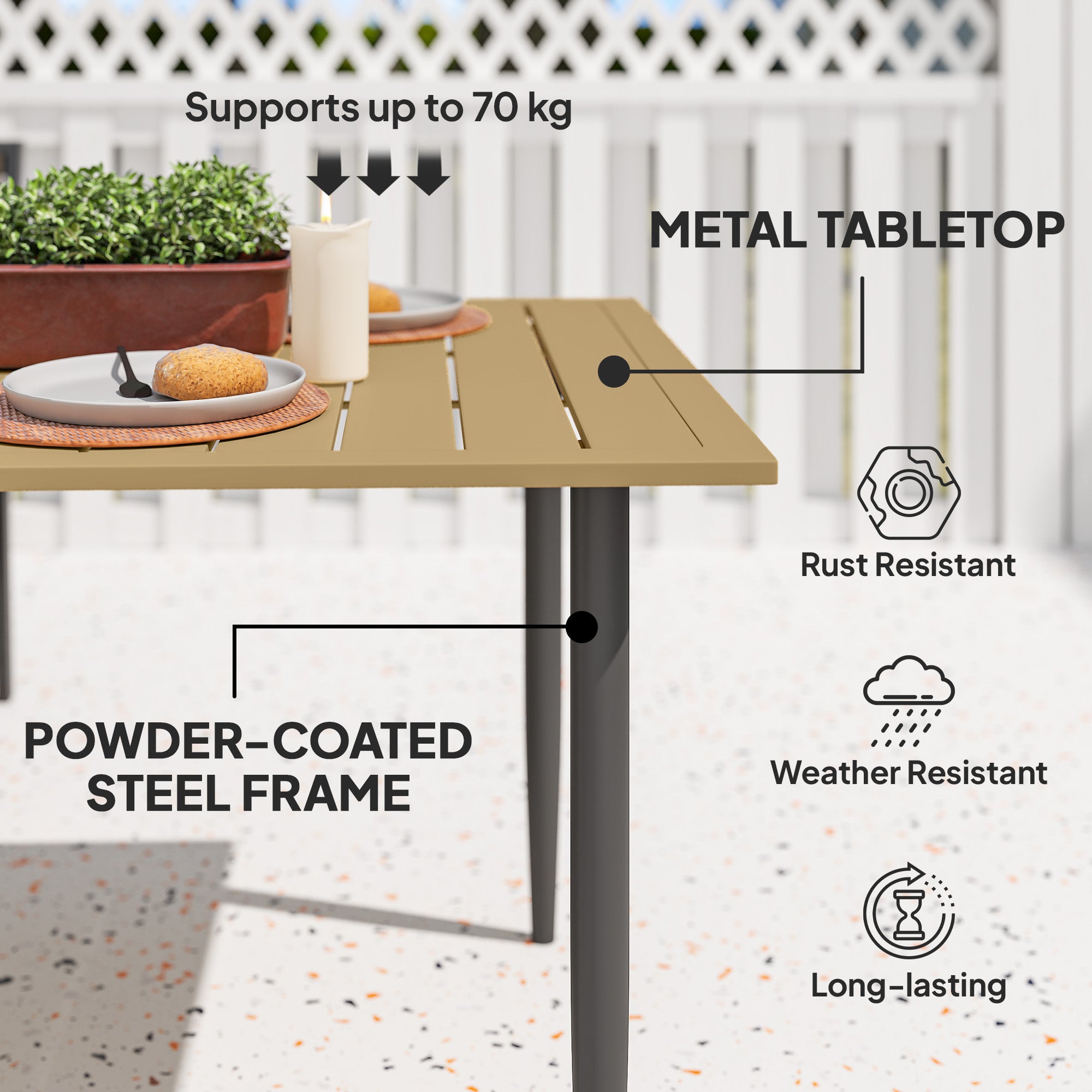 Outsunny Garden Dining Table for 6 Person, Rectangle Outdoor Coffee Table with 5 cm Parasol Hole, Slatted Tabletop and Steel Frame for Patio Balcony, Brown - North Peak Garden Furniture