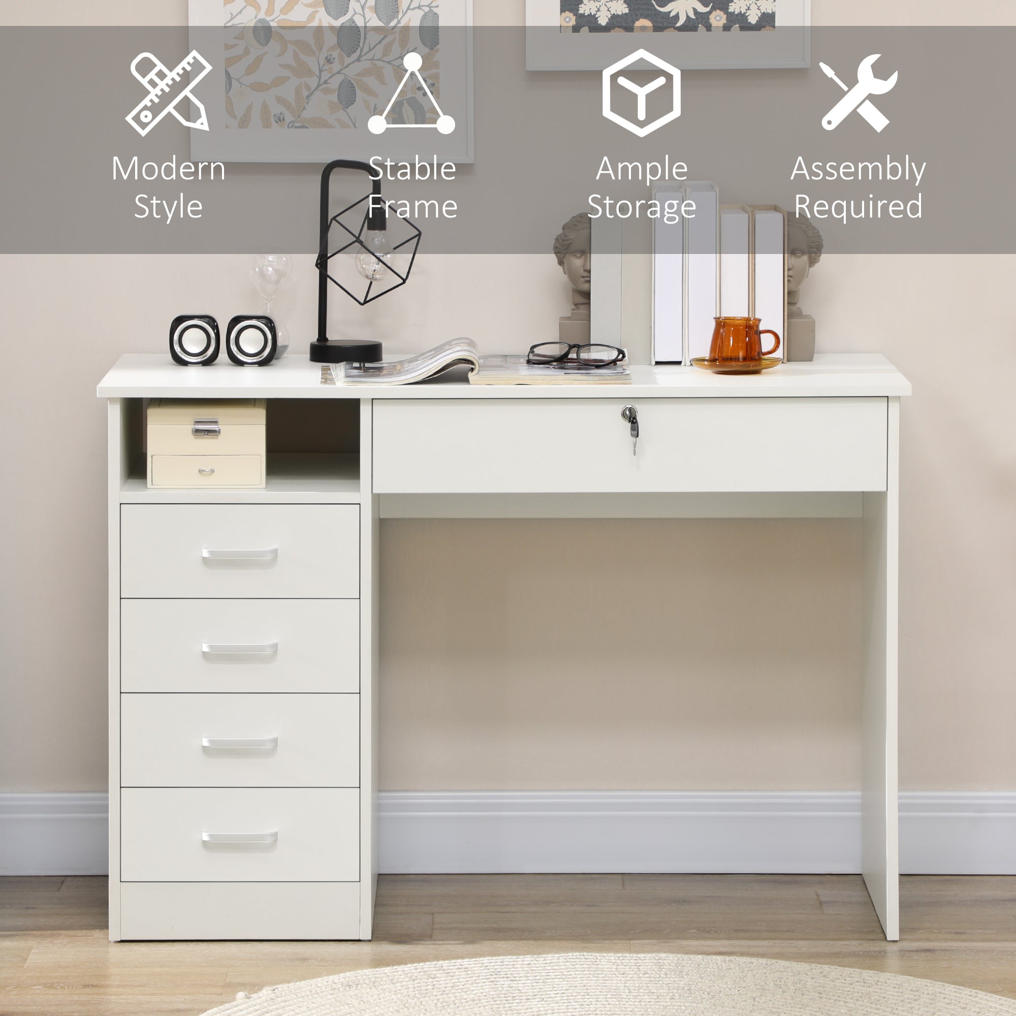 HOMCOM Computer Desk, Home Office Desk with Lockable Drawer, Storage Shelf for Study Bedroom, 110 x 50 x 76 cm, White - North Peak Garden Furniture