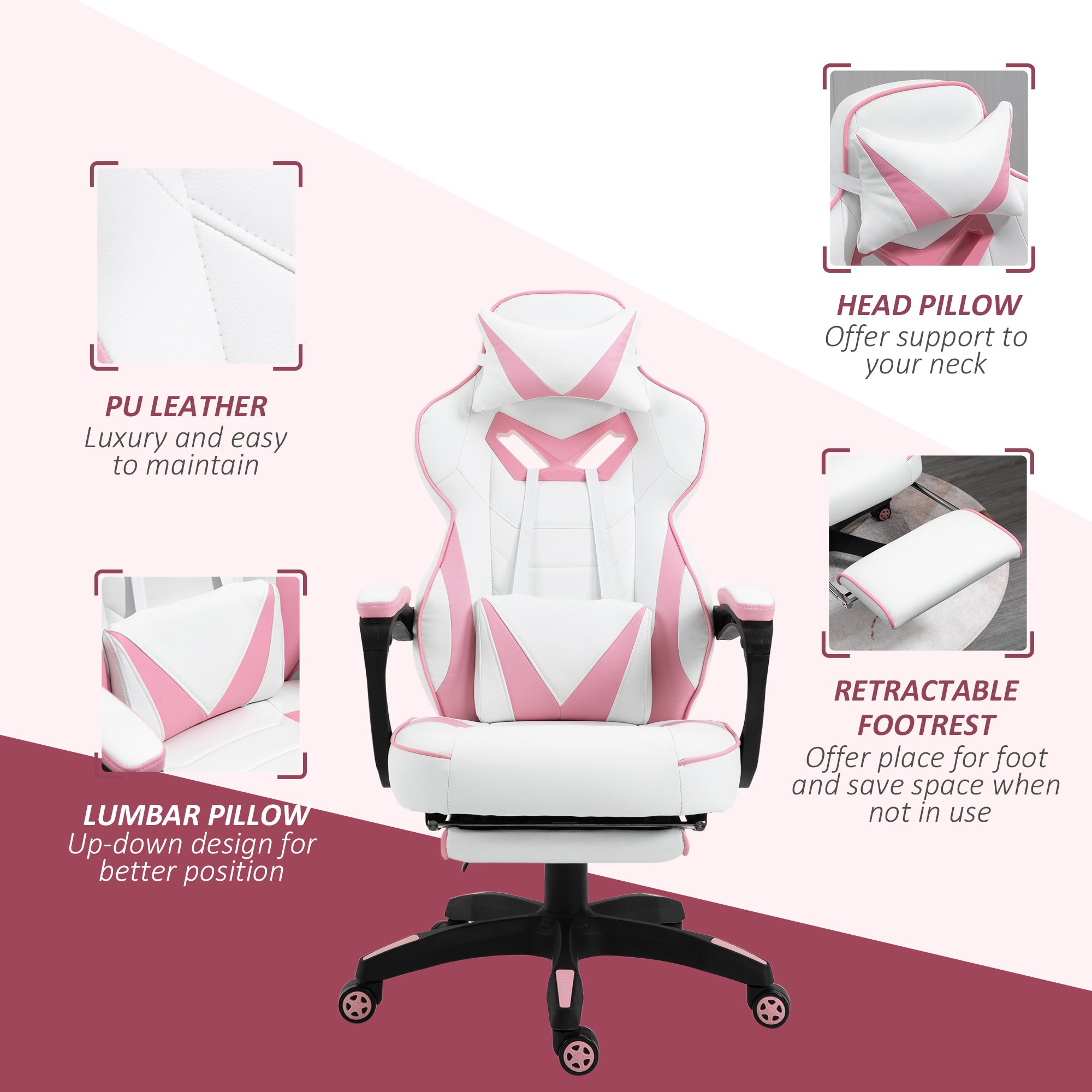 Vinsetto Computer Gaming Chair, Racing Desk Chair with Lumbar Support and Footrest, PU Leather Gamer Chair with Headrest and Swivel Wheels for Home, Pink - North Peak Garden Furniture