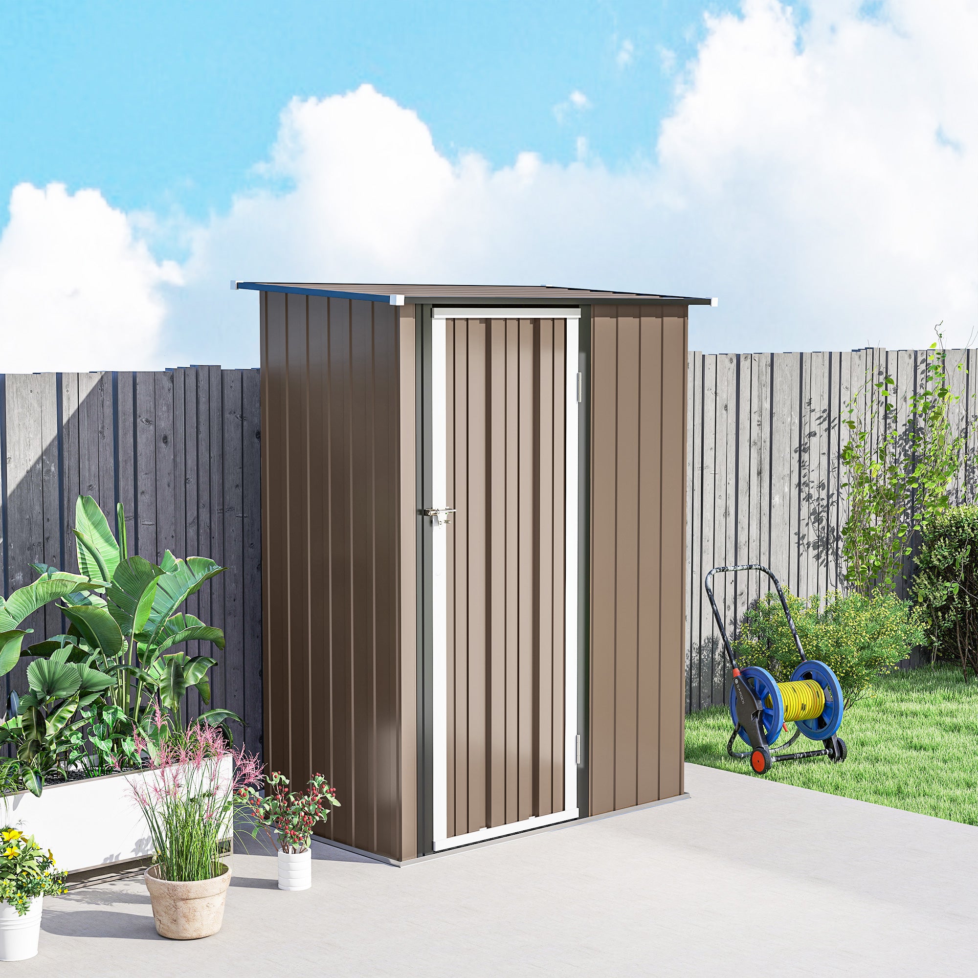 Outsunny 5ft x 3ft Garden Metal Storage Shed, Outdoor Tool Shed with Sloped Roof, Lockable Door for Tools, Equipment, Brown