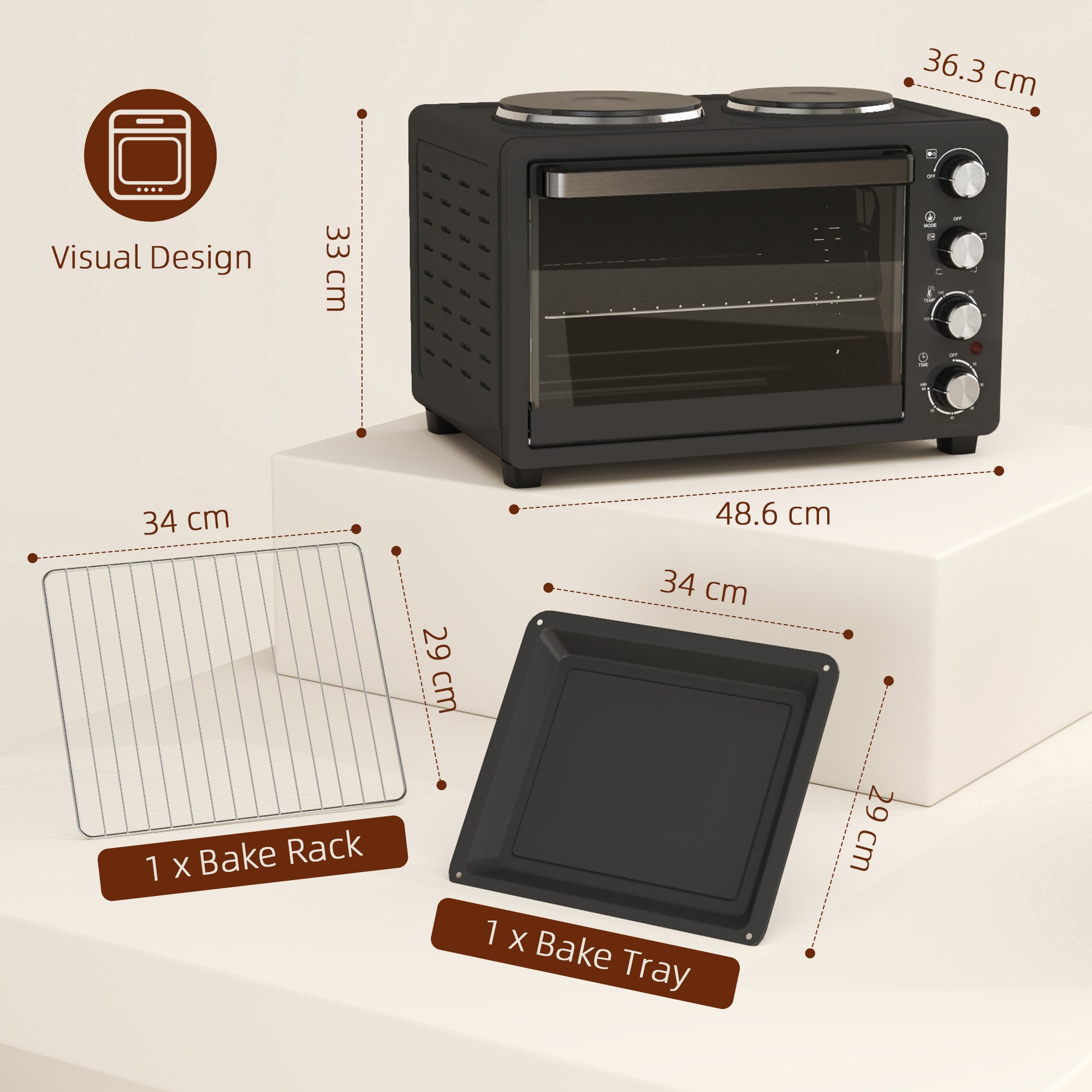 HOMCOM 28L Mini Oven with 2 Hot Plates, Countertop Toaster Oven, Grill, Roast, Bake, Boil, with Timer, Adjustable Temperature, Electric Oven with Baking Tray, Grill Rack, Crumb Tray, 2600W, Black - North Peak Garden Furniture
