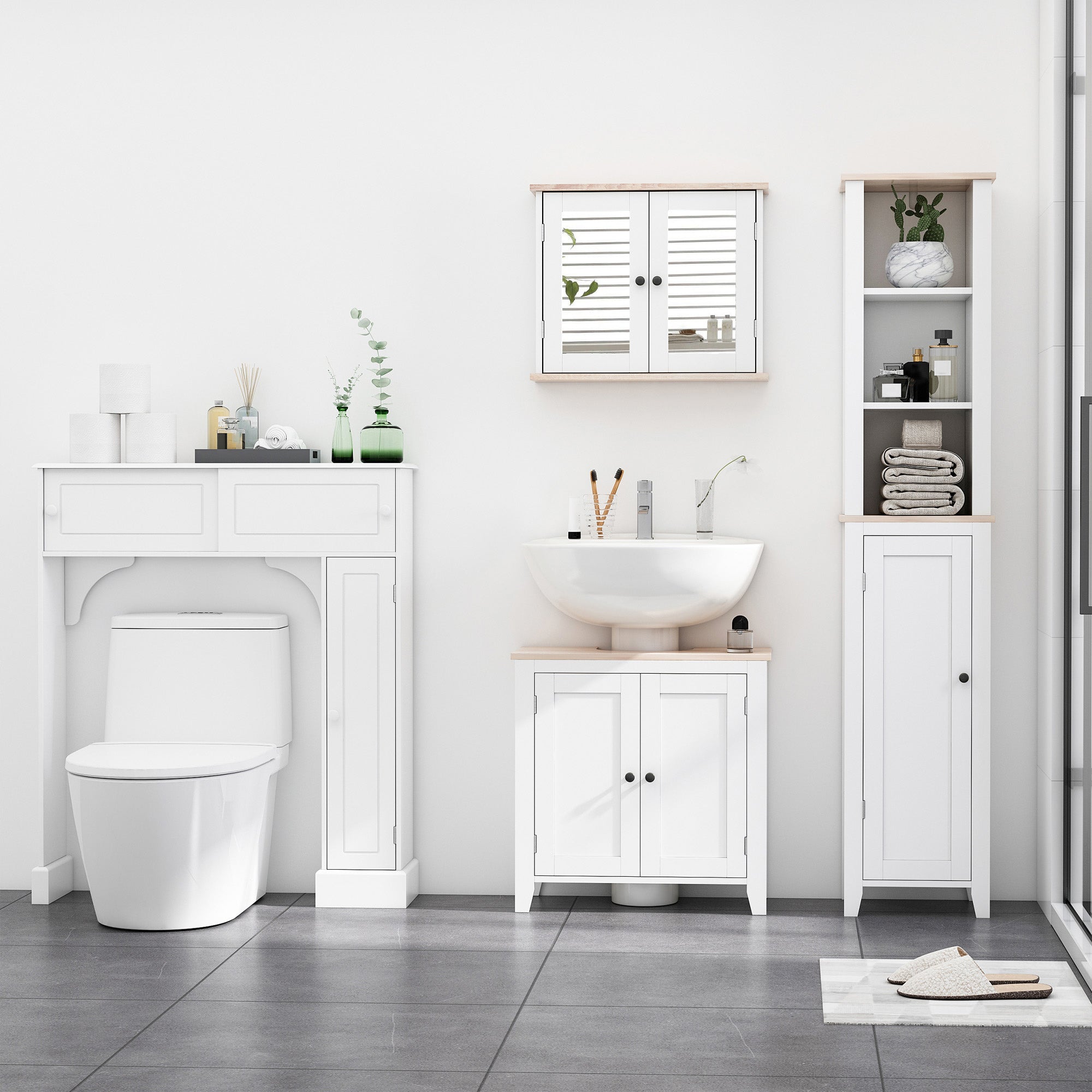 kleankin Bathroom Mirror Cabinet Wall Mounted Storage Cupboard with Double Door and Adjustable Shelf, White - North Peak Garden Furniture