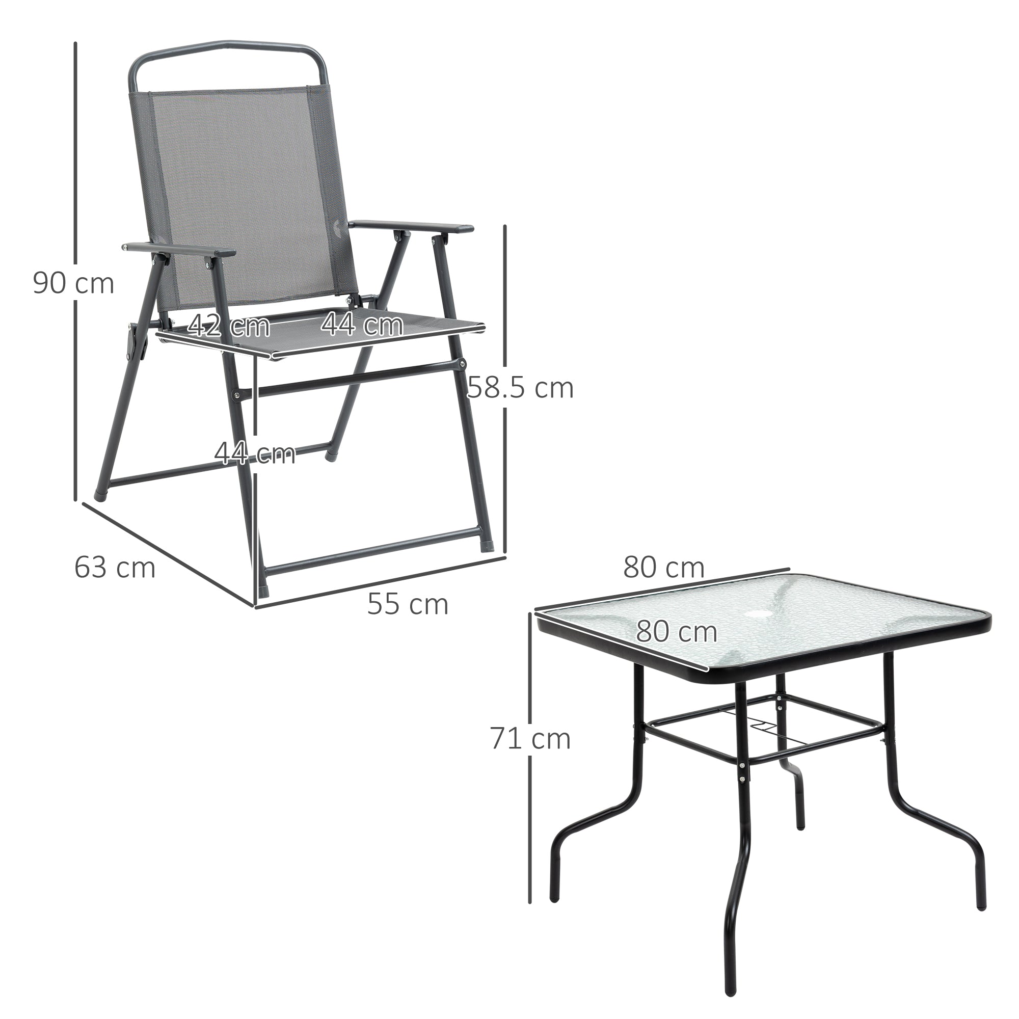 Outsunny 5 Piece Garden Dining Set Outdoor Dining Furniture 4 Folding Chairs, Glass Top Table with Parasol Hole, Texteline Seats, Black - North Peak Garden Furniture