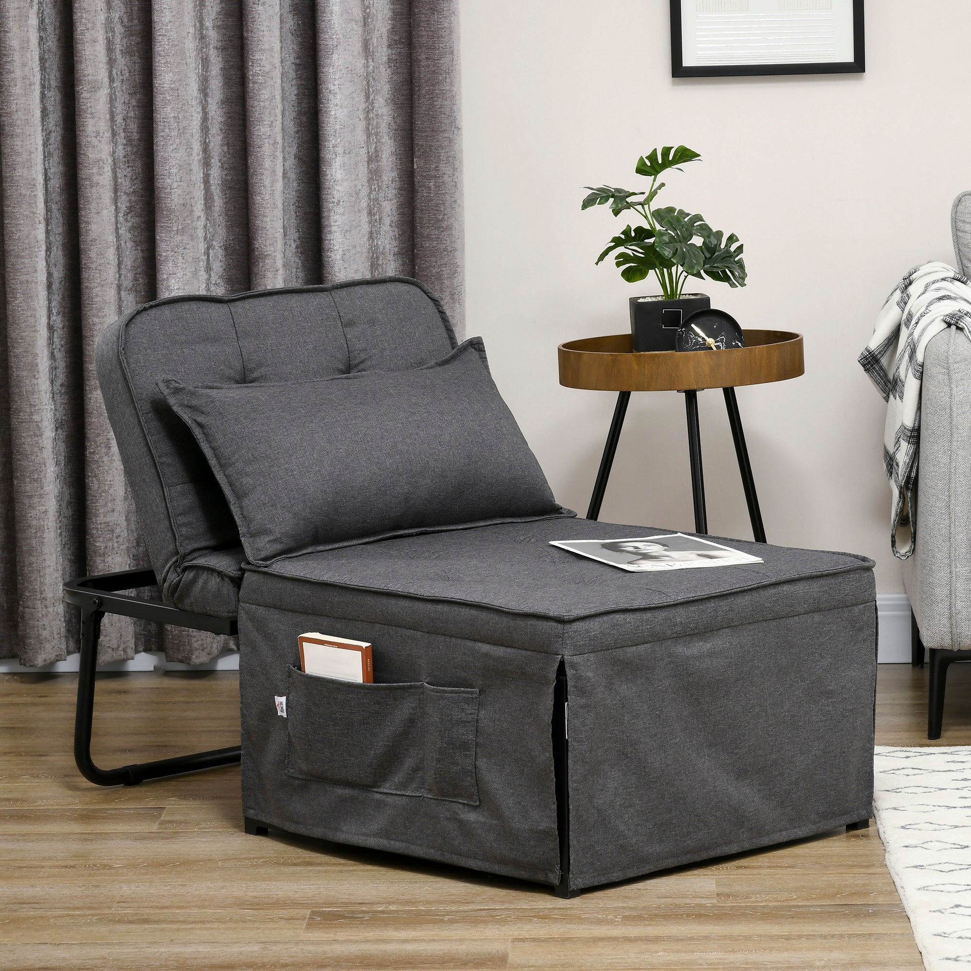 HOMCOM Fabric Sleeper Chair, Folding Chair Bed with Adjustable Backrest, Pillow, Side Pockets for Living Room, Charcoal Grey - North Peak Garden Furniture
