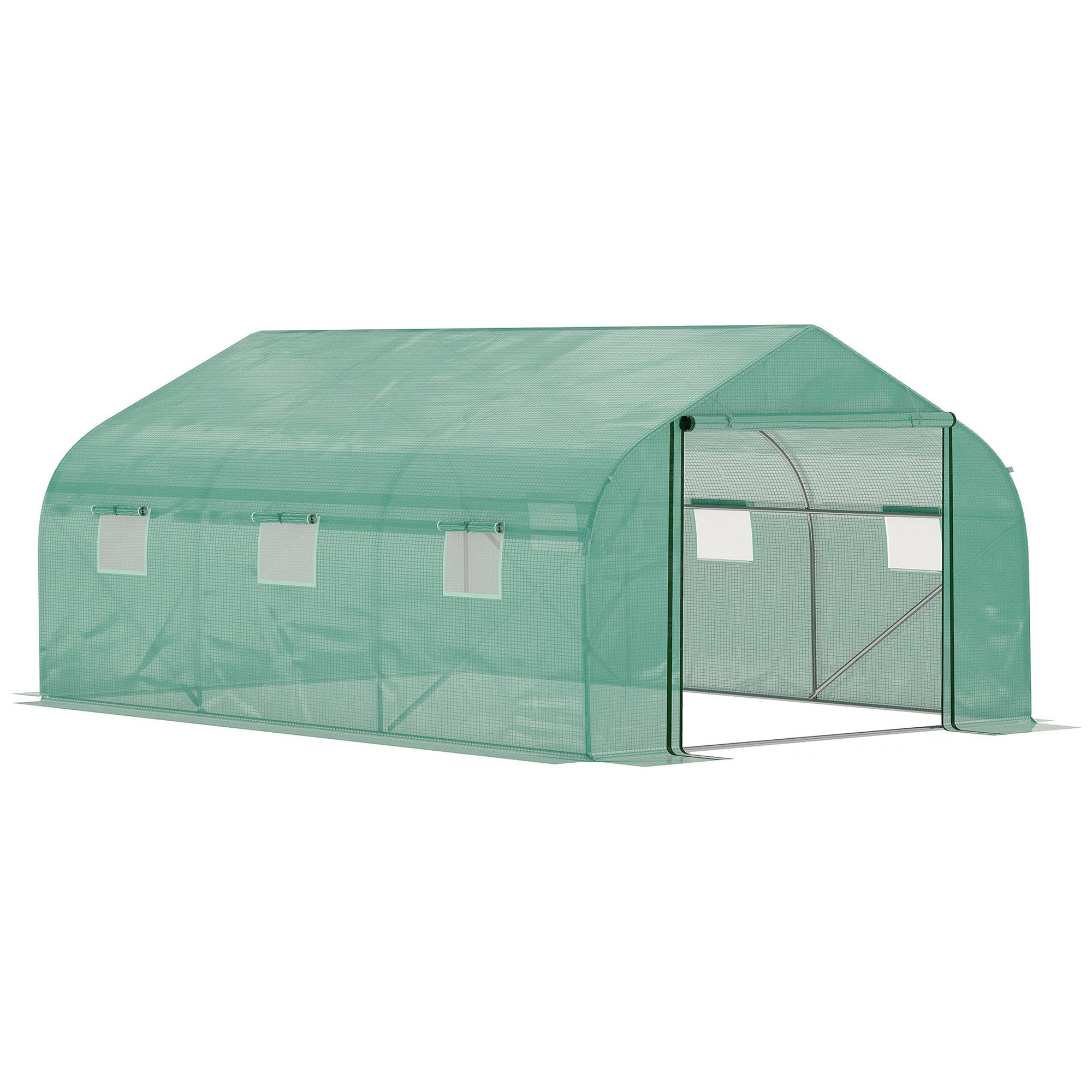Outsunny Walk-in Polytunnel Garden Greenhouse, Outdoor Mesh Door Greenhouse with PE Cover and 6 Windows, 4.5 x 3 x 2m, Green - North Peak Garden Furniture