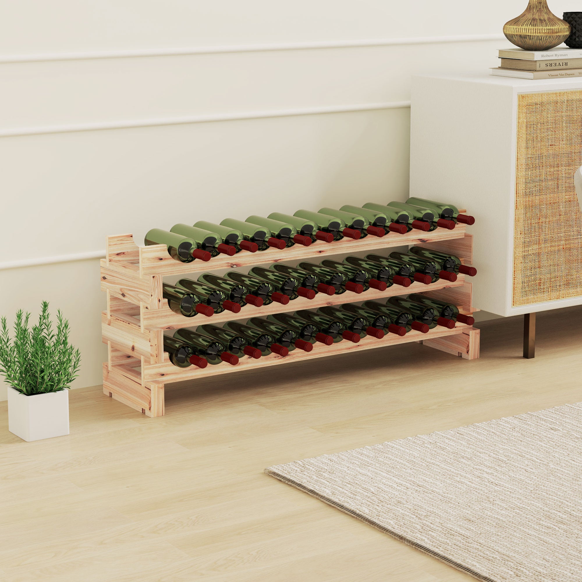 HOMCOM Three-Tier, 36 Bottle Wooden Wine Rack - Natural - North Peak Garden Furniture