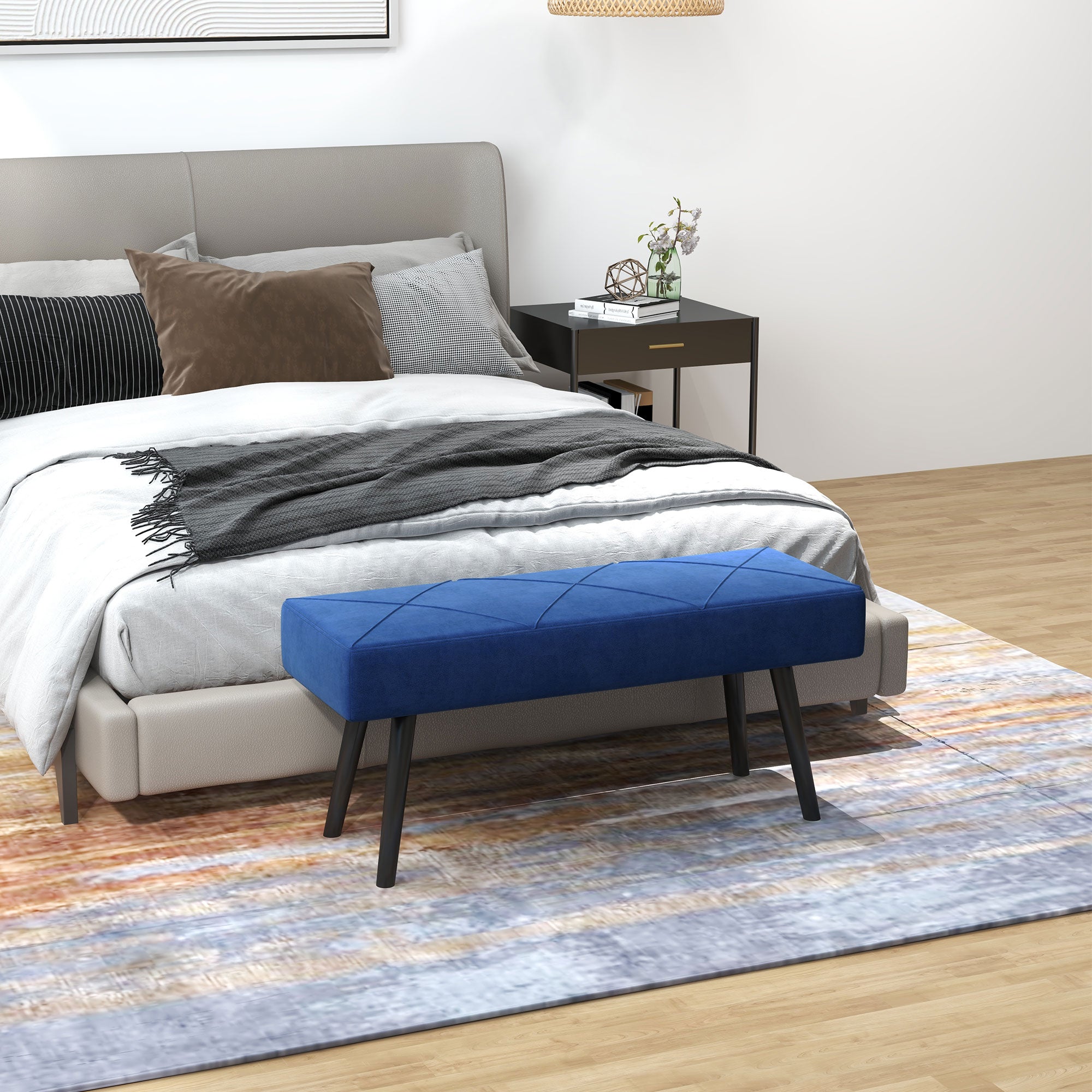 HOMCOM End of Bed Bench with X-Shape Design and Steel Legs, Upholstered Hallway Bench for Bedroom, Blue - North Peak Garden Furniture