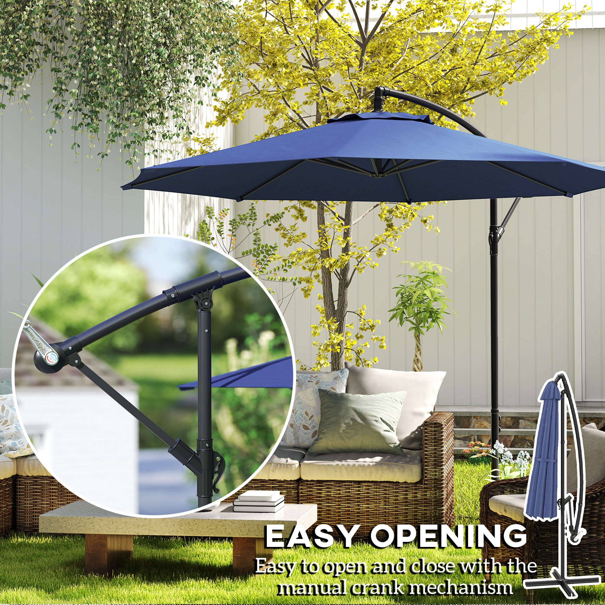 Outsunny 2.45m Overhanging Cantilever Parasol, with Cross Base - Blue - North Peak Garden Furniture