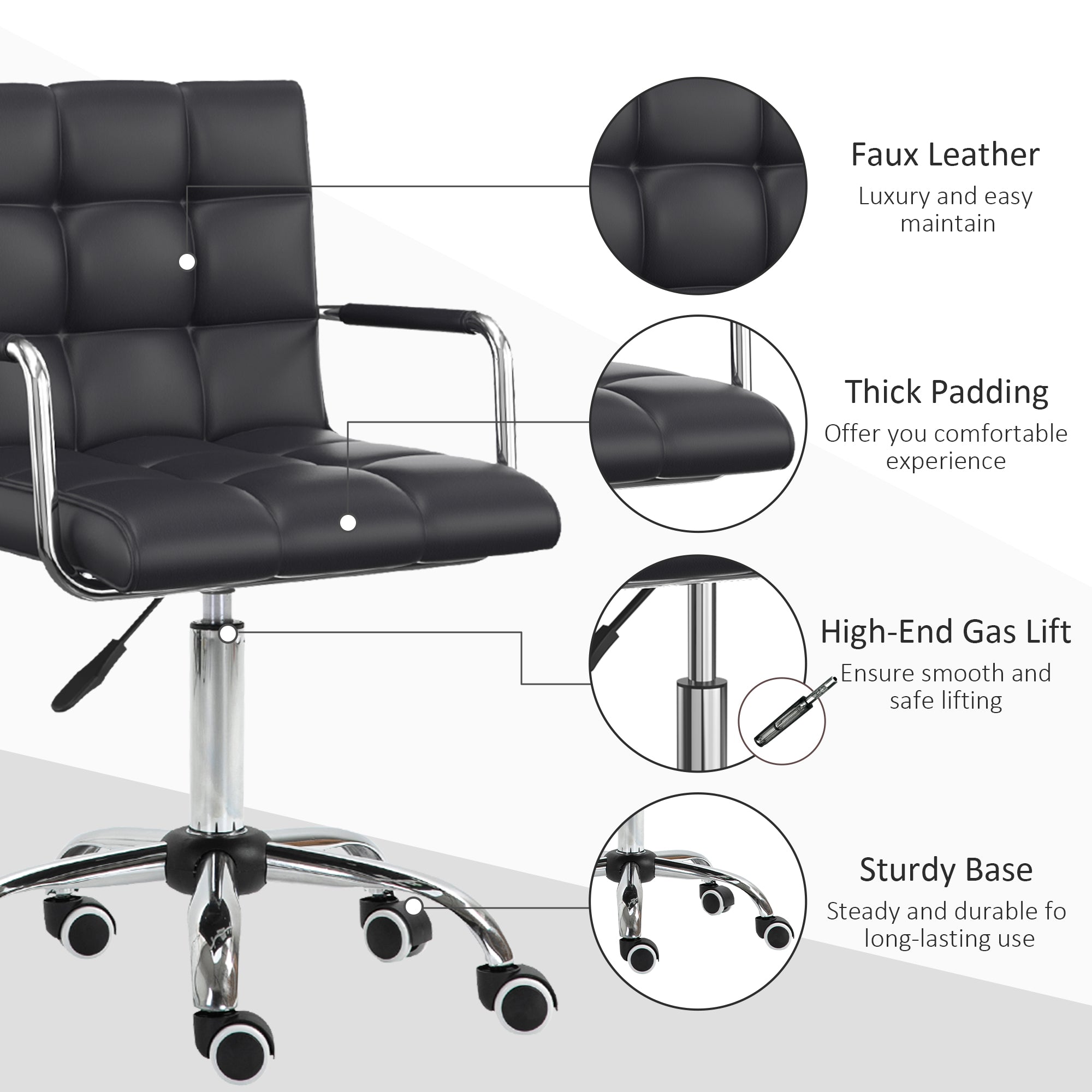 Vinsetto Office Chair, Makeup Vanity Chair, Mid Back Computer Chair, PU Leather Swivel Study Chair with Adjustable Height, Armrest and Rolling Wheels, Black