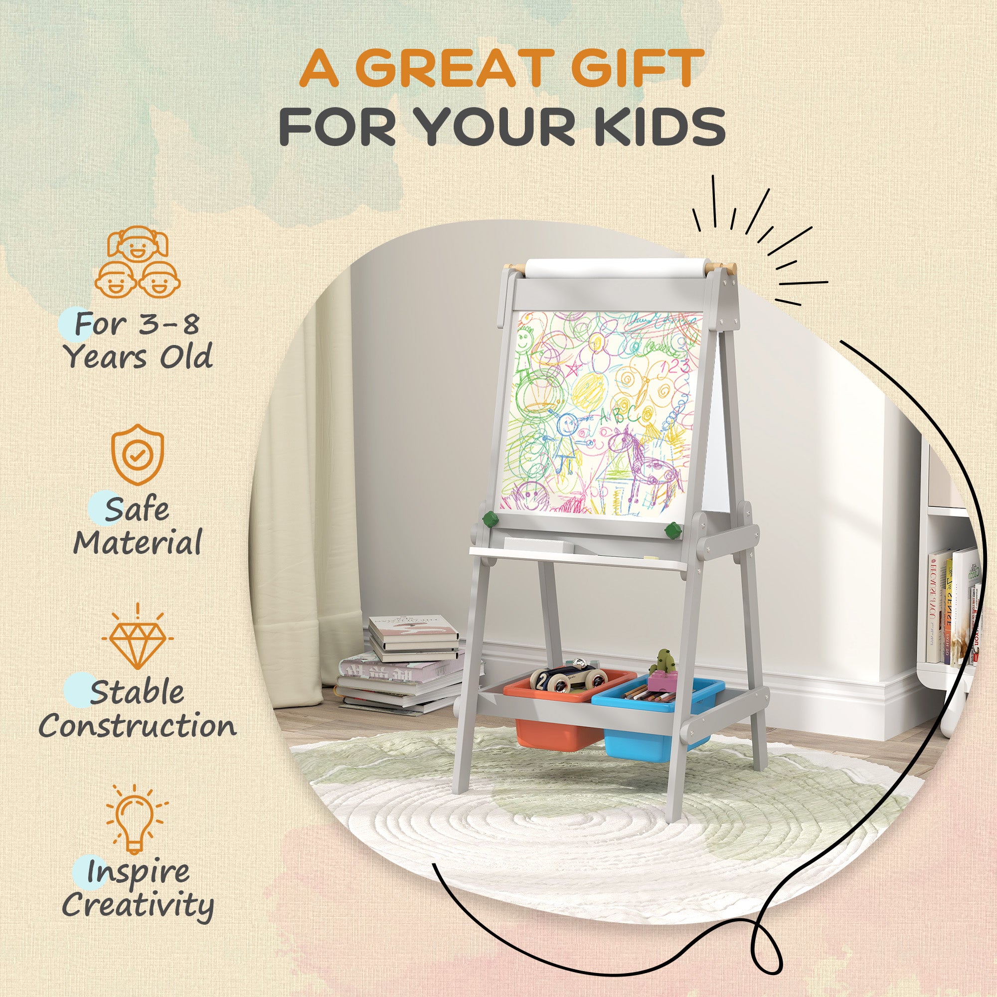 AIYAPLAY Art Easel for Kids with Paper Roll, Double Sided Painting Easel with Chalk Board, White Board - North Peak Garden Furniture
