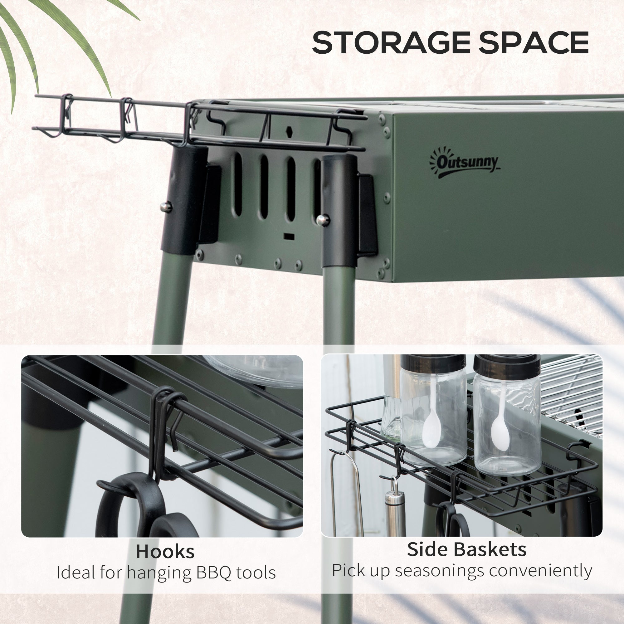 Outsunny Portable Charcoal Barbecue BBQ Grill with Seasoning Baskets and Hooks, Compact Stainless Steel Cooker for Camping Picnic Hiking Garden Party Festival - North Peak Garden Furniture