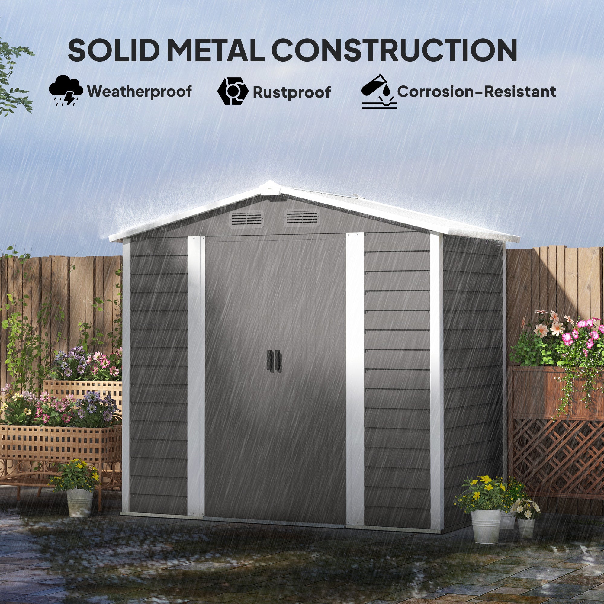 Outsunny 7 x 4ft Garden Shed, Easy to Assemble, Upgraded Galvanised Steel Frame with Foundation Kit, Double Doors with Lock, Outdoor Metal Shed with Vents and Gloves, Garden Storage Shed, Light Grey - North Peak Garden Furniture