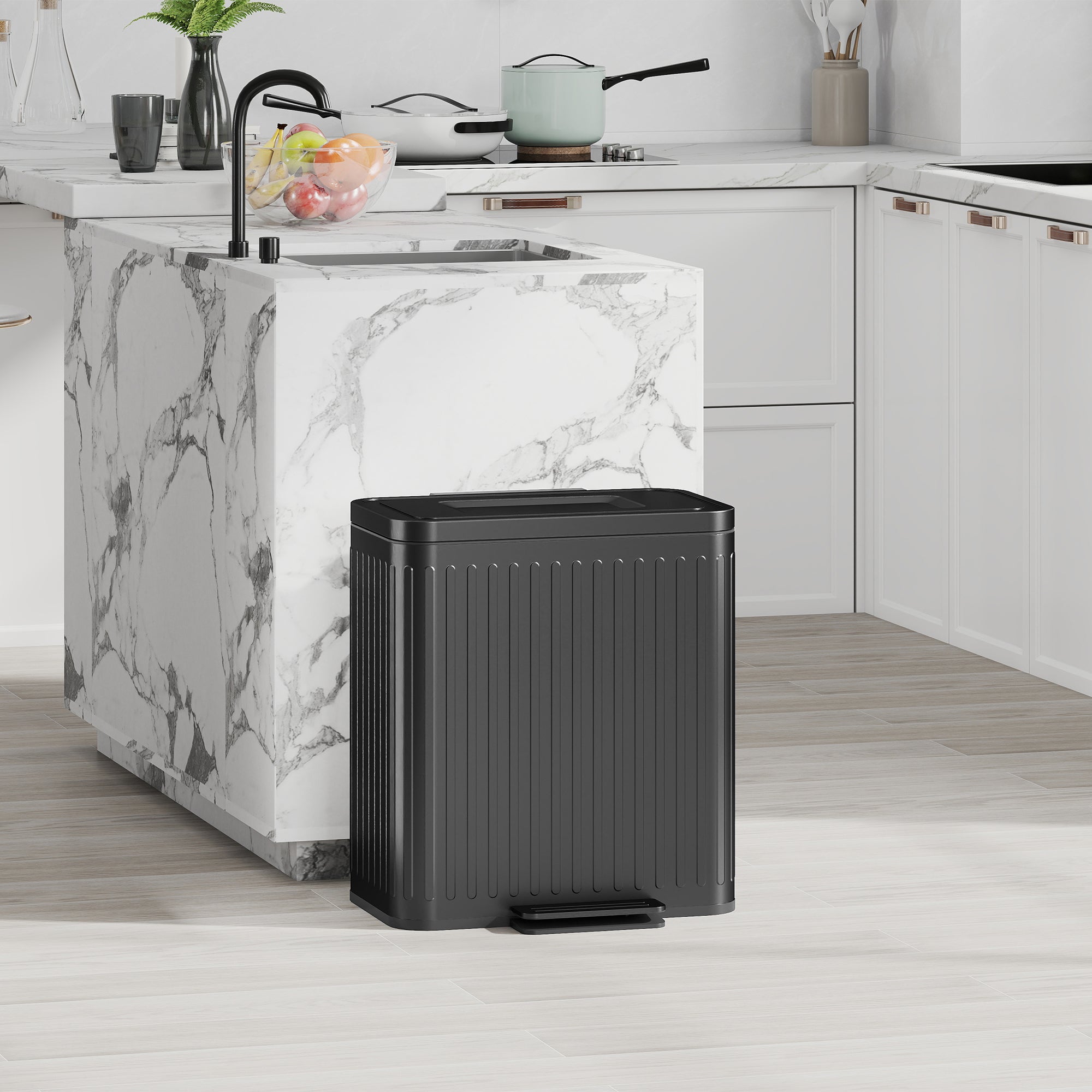 HOMCOM 40L Dual Compartment Rubbish Bin, with Soft-Close Lid - Black - North Peak Garden Furniture