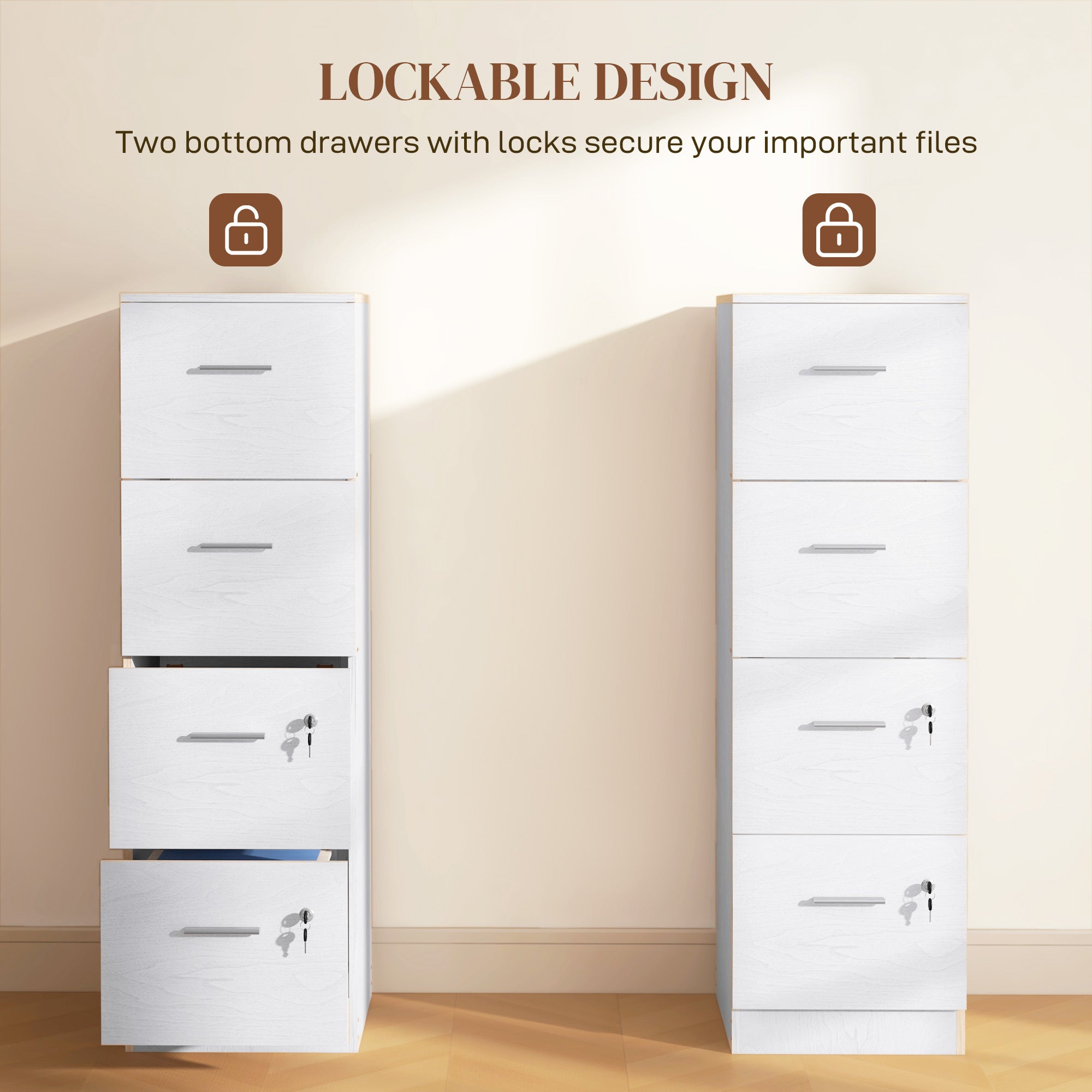 HOMCOM Four-Drawer Lockable Filing Cabinet - White Wood Effect - North Peak Garden Furniture