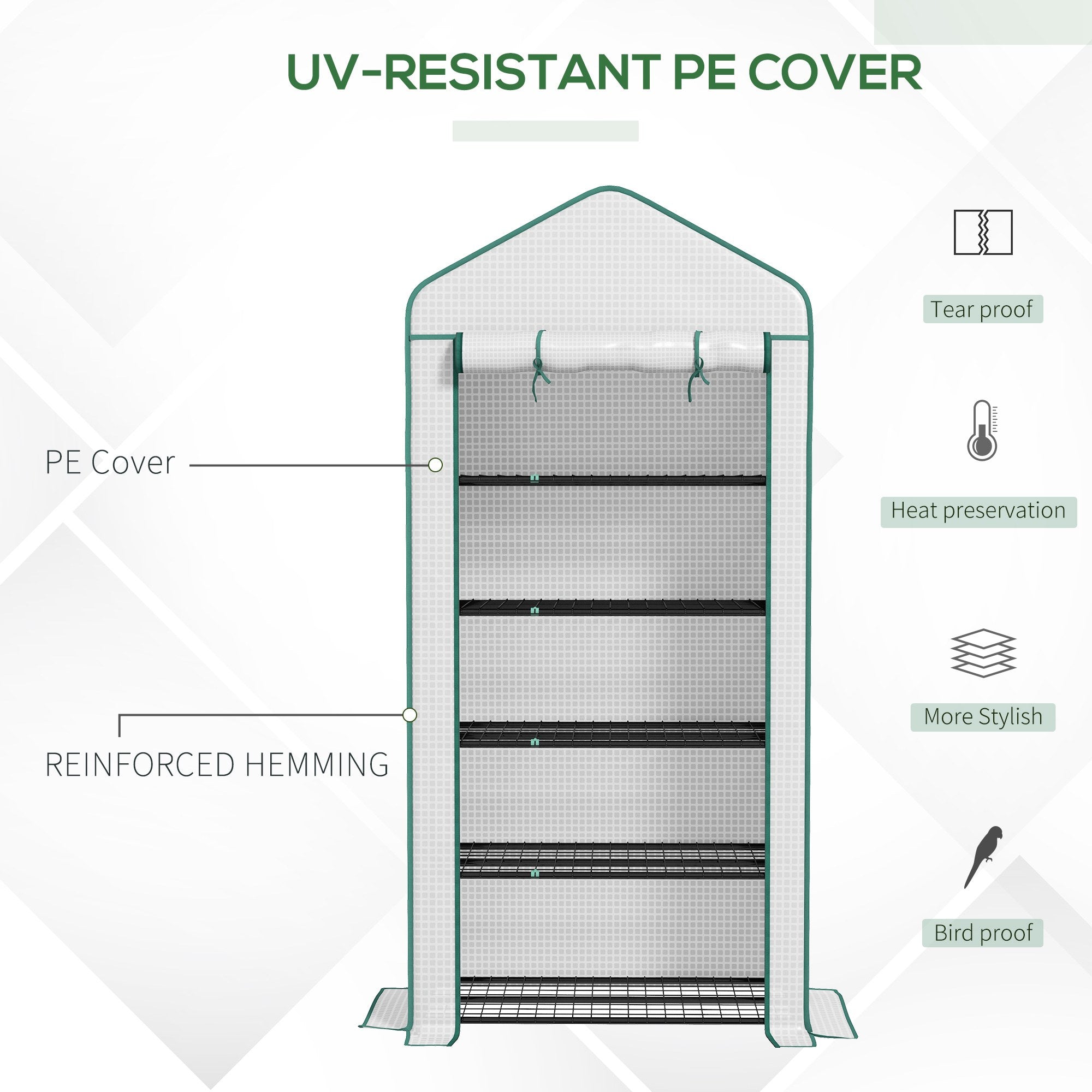 Outsunny 5 Tier Widened Mini Greenhouse with Reinforced PE Cover, Portable Indoor Outdoor Green House with Roll-up Door and Wire Shelves, 193H x 90W x 49Dcm, White