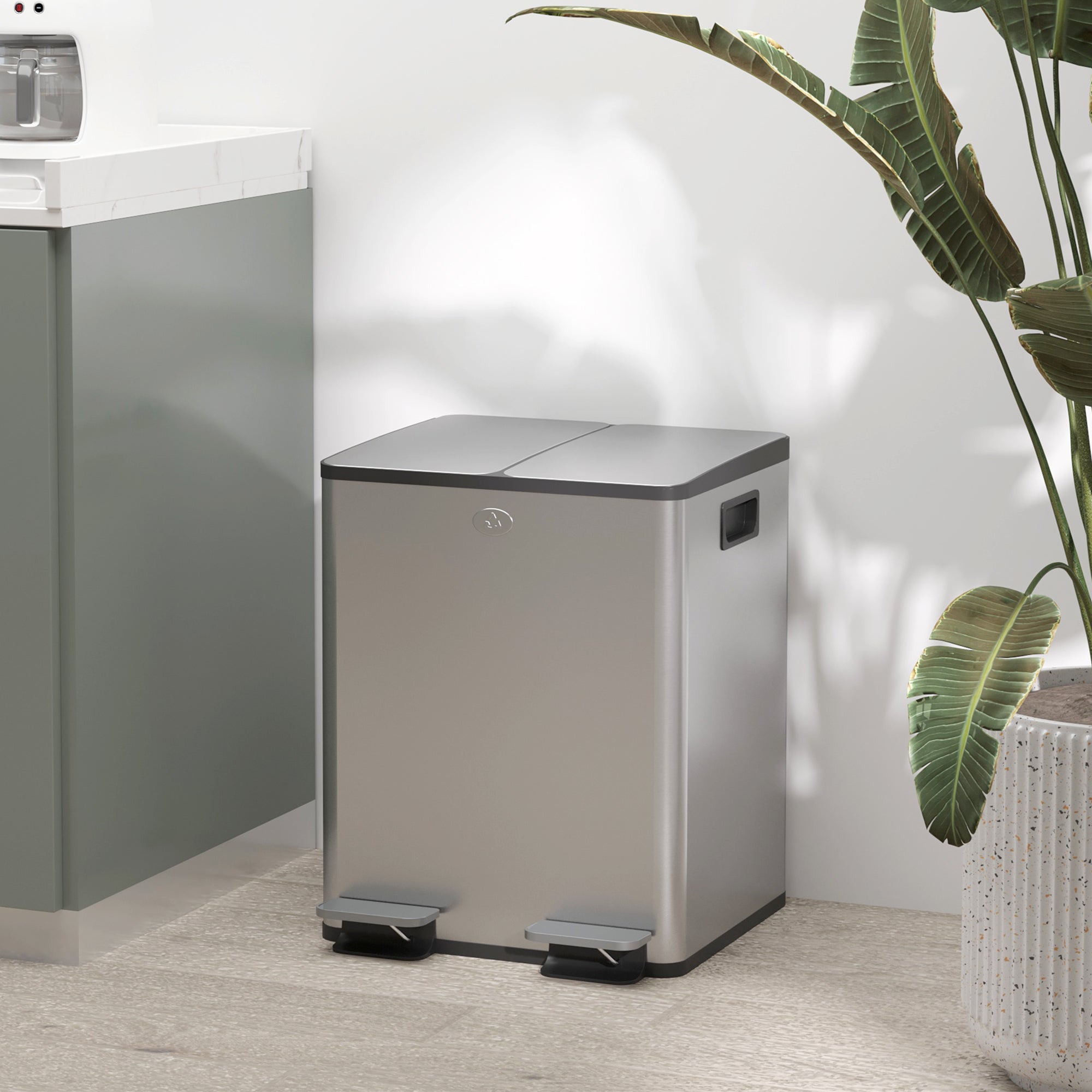 HOMCOM 40L Dual Compartment Stainless Steel Bin, with Deodoriser Holders - Silver Tone