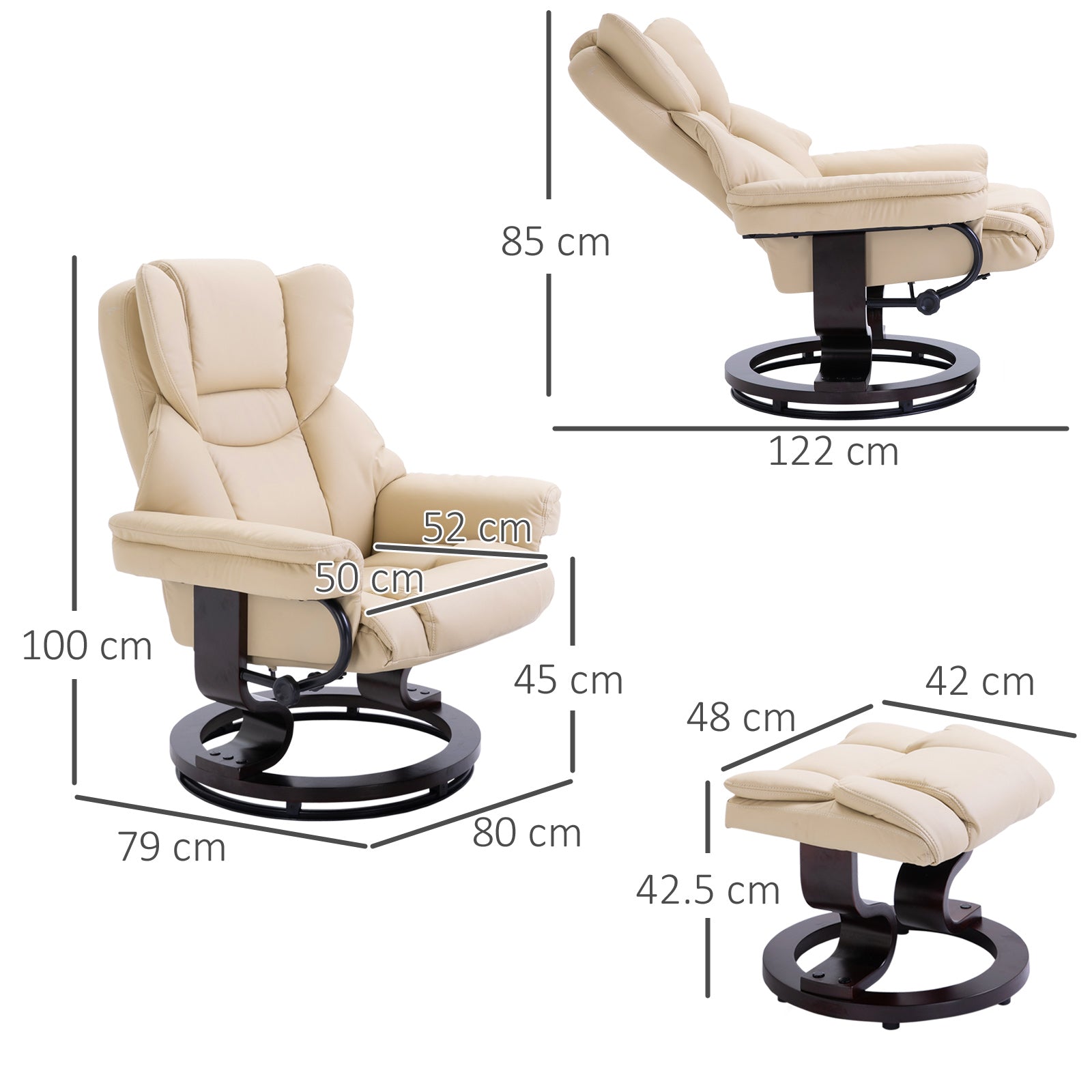 HOMCOM Faux Leather Recliner Chair and Footstool, Swivel Upholstered Armchair and Footstool with Adjustable Backrest, Solid Wood Base for Living Room, Cream - North Peak Garden Furniture