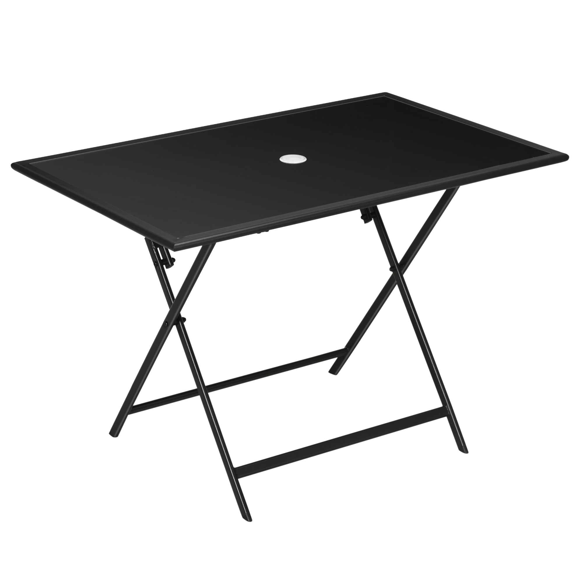 Outsunny Folding Outdoor Dining Table for 6, Rectangle Garden Table Tempered Glass Top with Parasol Hole Garden Lawn Backyard, 110 x 70 x 70 cm - North Peak Garden Furniture