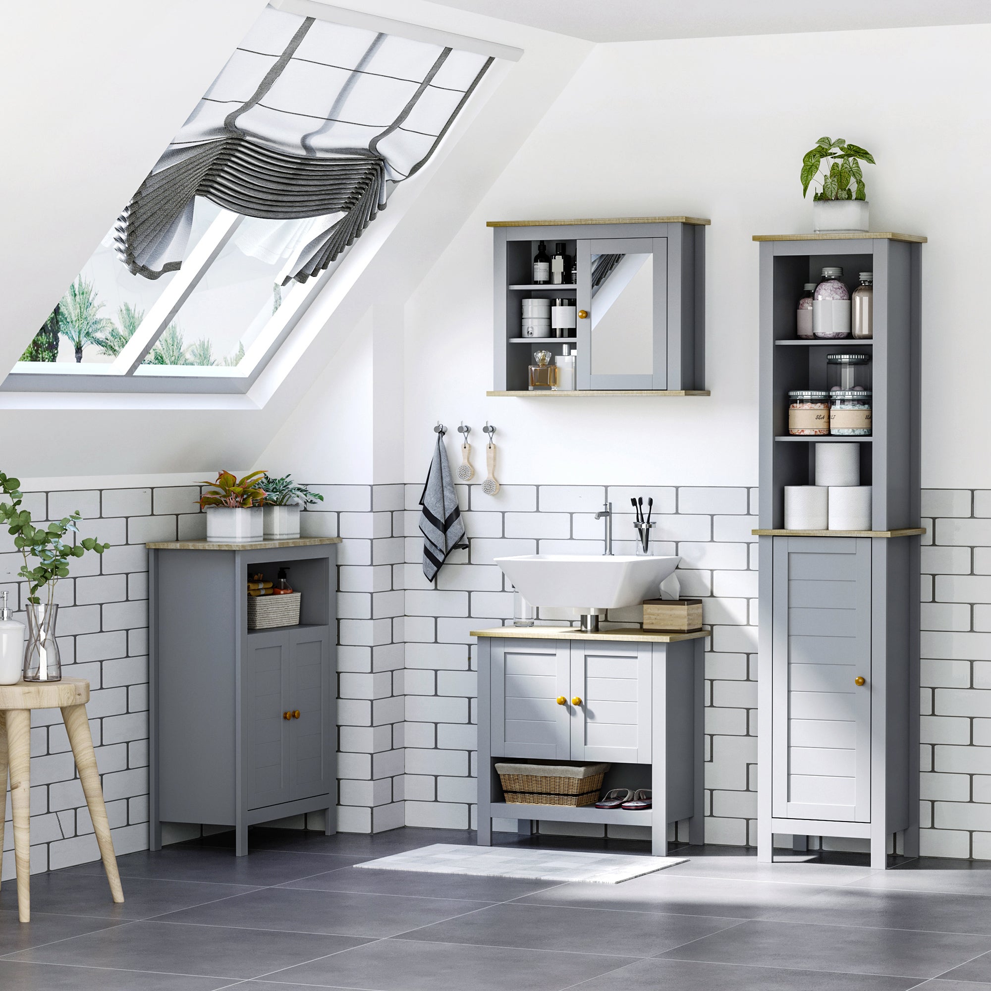 kleankin Bathroom Floor Storage Cabinet with 3 Tier Shelf and Cupboard with Door, Free Standing Linen Tower, Tall Slim Side Organizer Shelves, Grey - North Peak Garden Furniture
