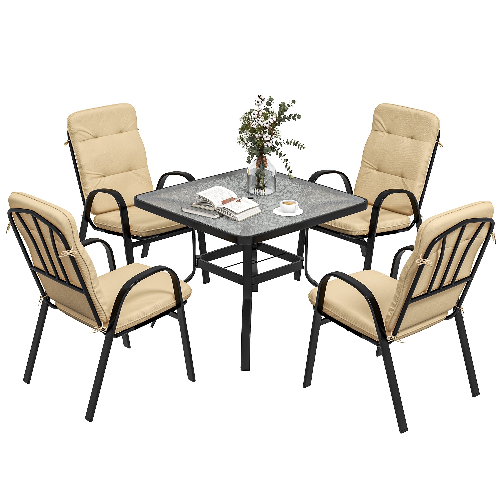 Outsunny 5 Pieces Outdoor Square Garden Dining Set w/ Tempered Glass Dining Table 4 Cushioned Armchairs, Umbrella Hole, Beige - North Peak Garden Furniture